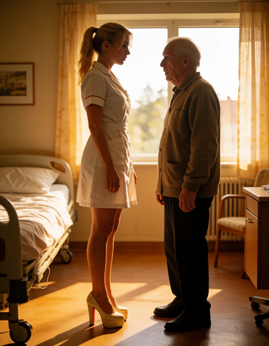 a photograph, Yung Bimbo huge boobs, white nurse uniform, high platform heels shoes, vulgar make up, ponytail hairstyle blonde standing in hospital room.
Her breasts largest in the world!
Old patient front her standing in shock.
Side view., warm golden afternoon daylight, soft natural shadows, warm amber tones, gentle contrast, fine film grain, smooth clear skin, strikingly beautiful, radiant complexion, early twenties