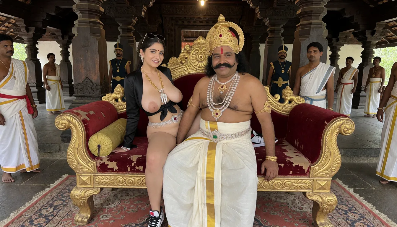 an amateur snapshot, A gorgeous white coloured South Indian cute faced tamil married woman aged around 26,with huge saggy tits,dark nipple, navel pierced with huge square shaped Ruby stone, wearing a black silk cloth used as jacket tied under her breast making her boobs completely visible, she adoring a lengthy gold chain with huge penis shapes diamond pendant, and also nose pinned graciously, adoring seven layered diamond waist chain with middle finger emerald belt buckle,adoring her auspicious marriage necklace(thali), wearing Nike Jordan shoes.having sex with a man dressed as King Mahabali during an Onam celebration in a traditional Kerala village. The man has a broad build, a warm, benevolent smile, a large curled black moustache, and is wearing an ornate, weathered gold crown (kireedam) and traditional Kerala gold temple jewelry across his chest and arms. He wears an authentic off-white Kerala kasavu mundu (dhoti) with a golden zari border. She fucking him in a grasshopper position with legs wide open, on his intricately carved wooden and golden sofa with lion motifs and worn red velvet cushioning, inside palace interior features dark, aged teak wood, massive intricately carved pillars, grand archways, and traditional Kerala architecture. The throne rests on a raised stone platform covered with a vintage patterned carpet. Around him, various royal court members, attendants, and guards in traditional historic attire. She watching viewers and smilling.she also wears sun glasses over his head., plenty of natural daylight, flat even light, casual unposed snapshot, natural everyday colour, mild noise, natural unretouched skin, strikingly beautiful, radiant complexion, early twenties