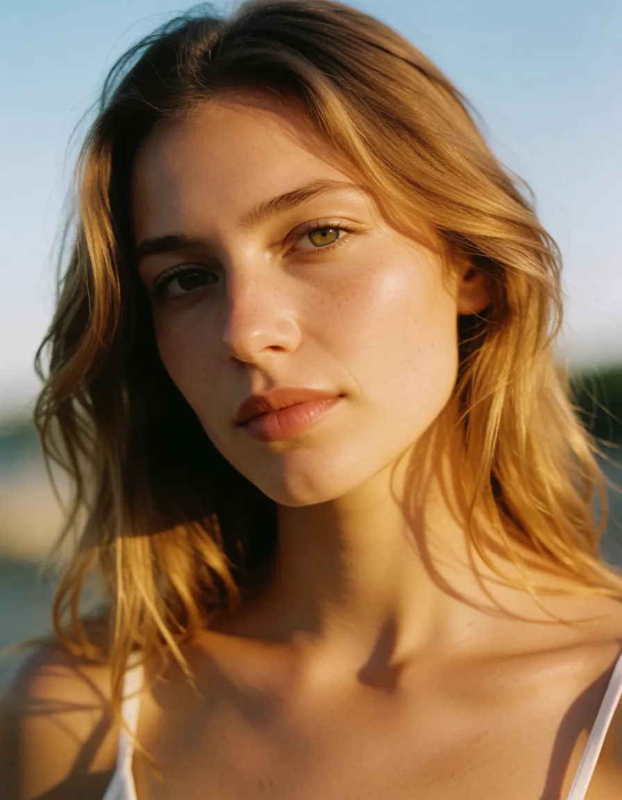 a photograph, Penis entered pussy, cum inside, creampie, warm golden afternoon daylight, soft natural shadows, warm amber tones, gentle contrast, fine film grain, smooth clear skin, strikingly beautiful, radiant complexion, early twenties