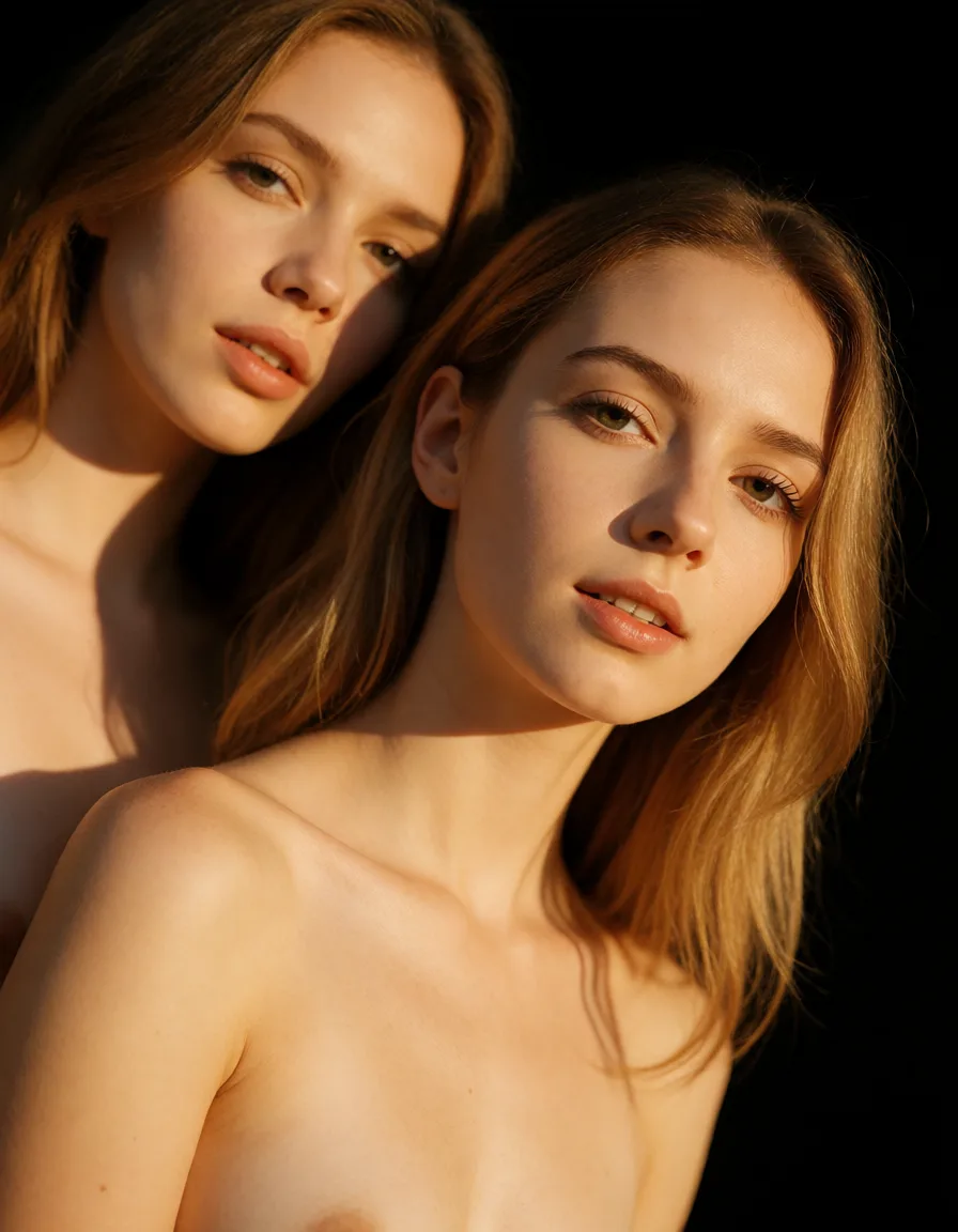 a photograph, cinematic photo, 8k, dutch angle, 3women, presenting, petite adult woman, black background, film photography, warm golden afternoon daylight, soft natural shadows, warm amber tones, gentle contrast, fine film grain, smooth clear skin, strikingly beautiful, radiant complexion, early twenties