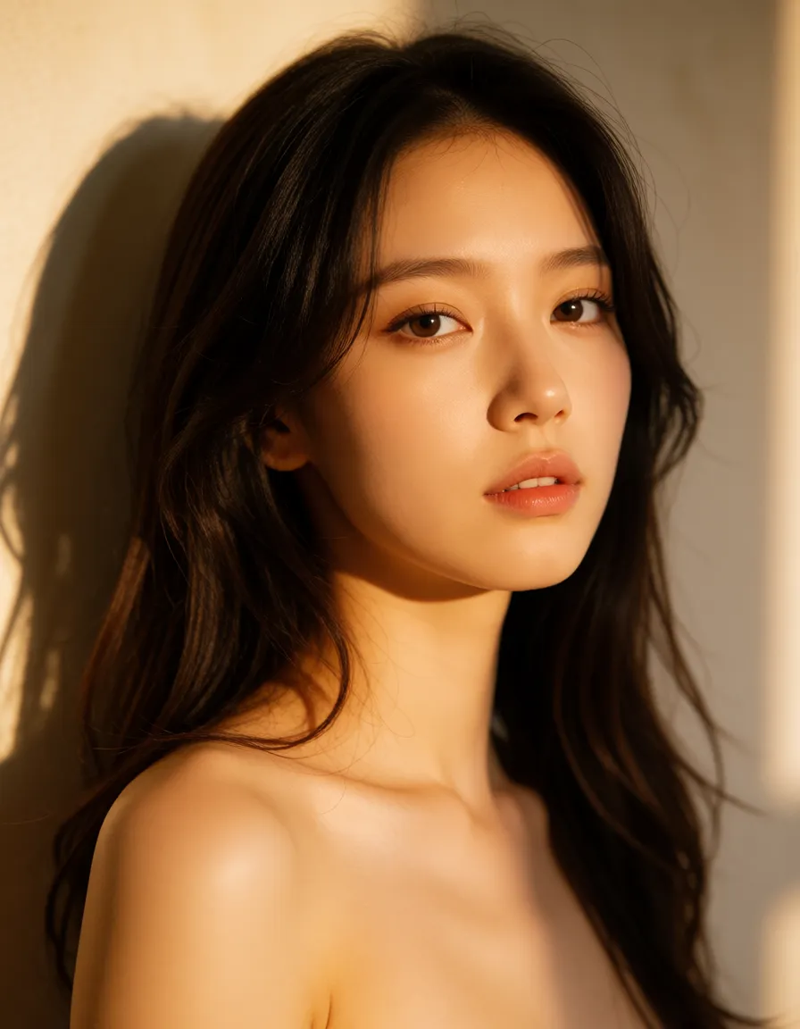 a photograph, 네이버 웹툰 설효림 알몸으로, warm golden afternoon daylight, soft natural shadows, warm amber tones, gentle contrast, fine film grain, smooth clear skin, strikingly beautiful, radiant complexion, early twenties