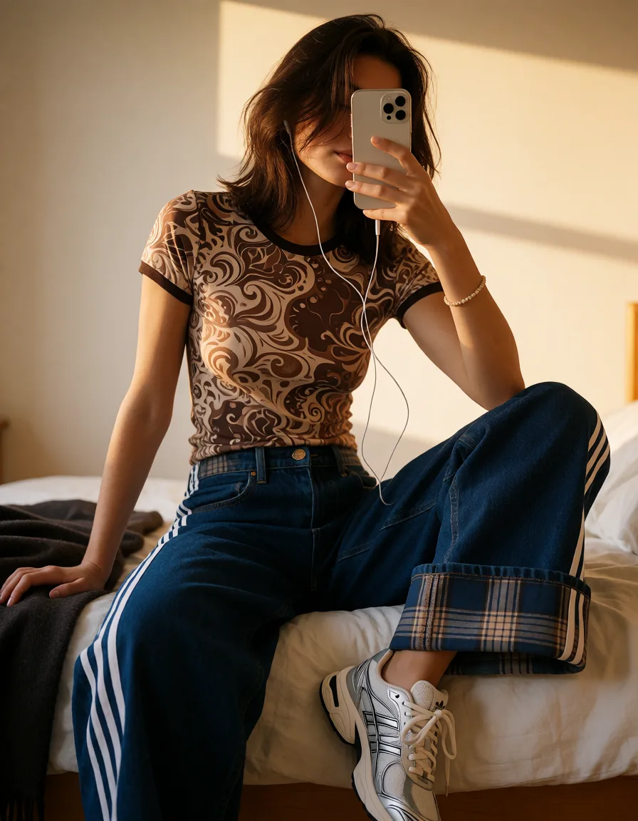 a photograph, • Hair: Dark brown or chestnut colored, medium-length. It is styled loosely, slightly tousled, and partially covers her face as she leans toward her phone.• Physique: The woman has a slim, fit build.Clothing:• Top: A short-sleeved, slim-fit T-shirt. It features a brown and beige color palette adorned with an intricate, vintage psychedelic paisley or abstract pattern. The neckline and sleeve cuffs are finished with a contrasting dark trim.• Bottoms: Eye-catching dark blue, wide-leg jeans by adidas Originals. Classic white side stripes (the three stripes) run down the full length of the legs, and the bottoms feature wide turned-up cuffs with a contrasting blue and brown plaid (tartan) pattern.Footwear and Accessories:• Shoes: Chunky white athletic sneakers with light laces and grey/silver overlays, styled like retro runners.• Accessories: On the wrist of her left hand holding the smartphone, she wears a delicate, thin beaded or chain bracelet. Thin white wired earphones extend from her phone up toward her ears.Pose:She is sitting with her legs spread wide, which accentuates the baggy and relaxed silhouette of the jeans. Her right hand rests lightly on a folded dark blanket on the bed, while her left hand holds a light-colored smartphone, completely obscuring her face for the shot. The woman's face is completely covered by her phone., warm golden afternoon daylight, soft natural shadows, warm amber tones, gentle contrast, fine film grain, smooth clear skin, strikingly beautiful, radiant complexion, early twenties