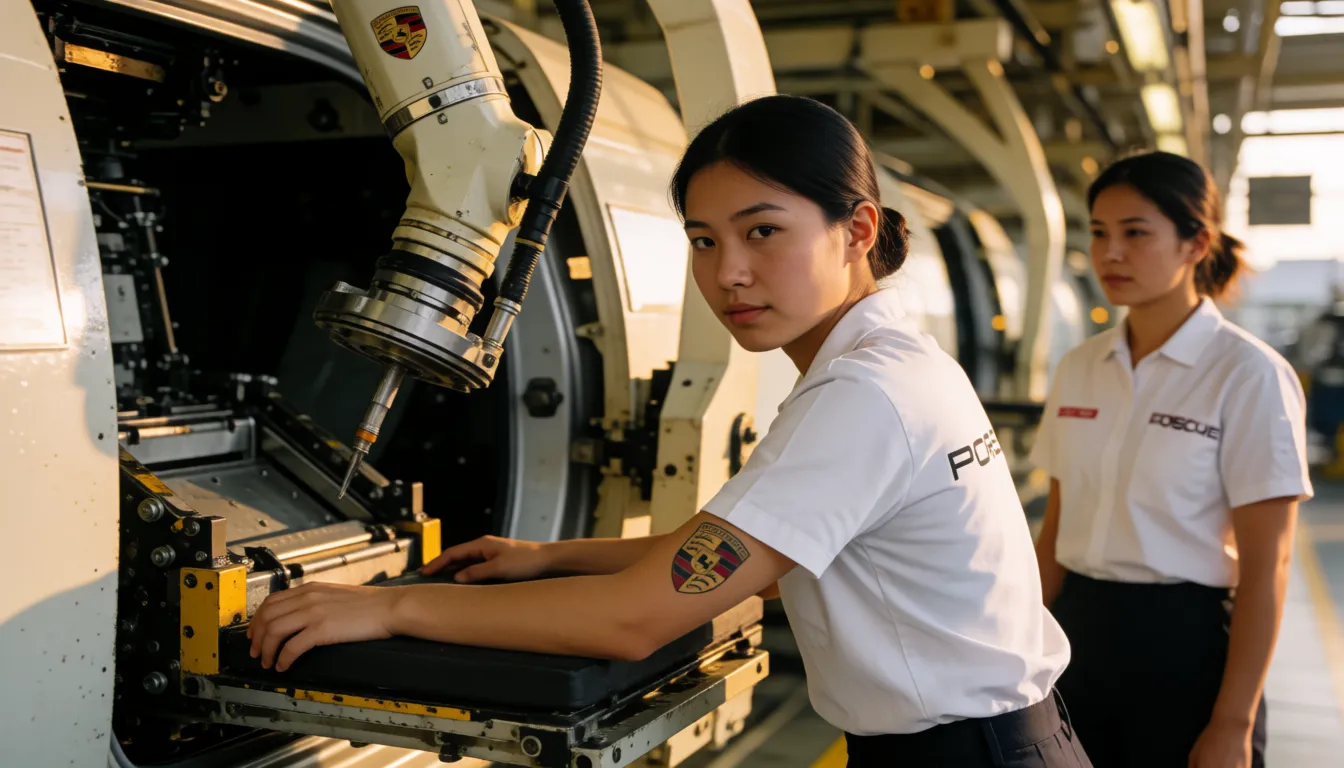 a photograph, Naked brown slave woman tight leather collar strapped to machine kneeling on top of assembly line, showing ass and pussy, presenting ass, stationary restraint, skinny, bdsm, showing shaved pussy, pussy, crawled together knees to boobs, boobs to knees, ass high up, feet cuffed and bound, straight black hair, inside car factory, nipple rings connected to wire pulling nipples down, car factory machine arm puts big rippled rod deep in her pussy fucks her, Porsche car factory, Porsche logo, head down, kneeling on small padding platform, looking into camera, robot spray machine arm sprays her ass with liquid, straps holds her neck in place, belt around her waist pulling her down forces her to arch her back, arching her back pushing her ass out, arms cuffed and bound, arms pulled flat in front of her, machine pulling her arms, face on padding, hair in bun, Porsche 911 logo tattoo on her upper arm, Porsche engineer woman watching her, warm golden afternoon daylight, soft natural shadows, warm amber tones, gentle contrast, fine film grain, smooth clear skin, strikingly beautiful, radiant complexion, early twenties
