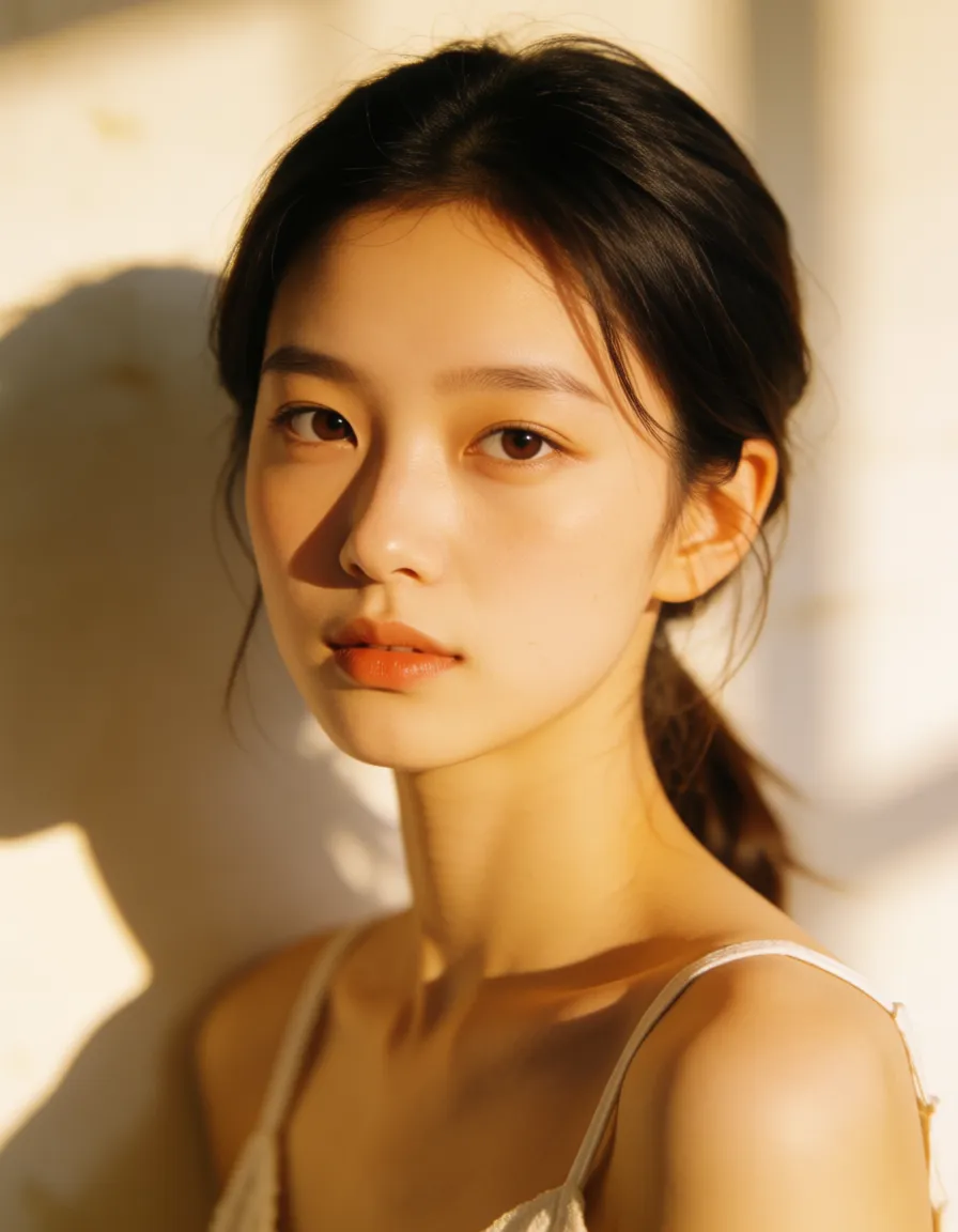 a photograph, 岁, warm golden afternoon daylight, soft natural shadows, warm amber tones, gentle contrast, fine film grain, smooth clear skin, strikingly beautiful, radiant complexion, early twenties