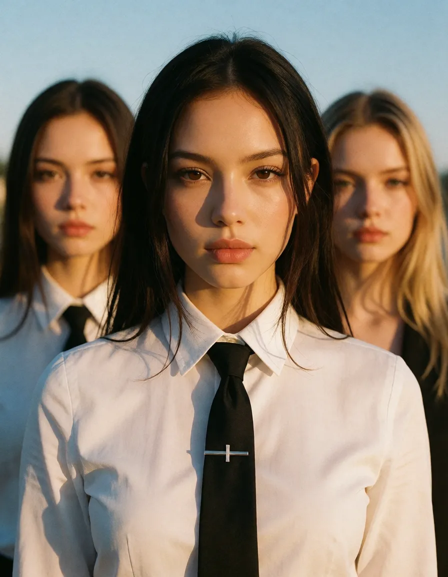 a photograph, dslr, film grain, photorealistic, 6+women, sidelocks, necktie, presenting, cool tones, warm golden afternoon daylight, soft natural shadows, warm amber tones, gentle contrast, fine film grain, smooth clear skin, strikingly beautiful, radiant complexion, early twenties