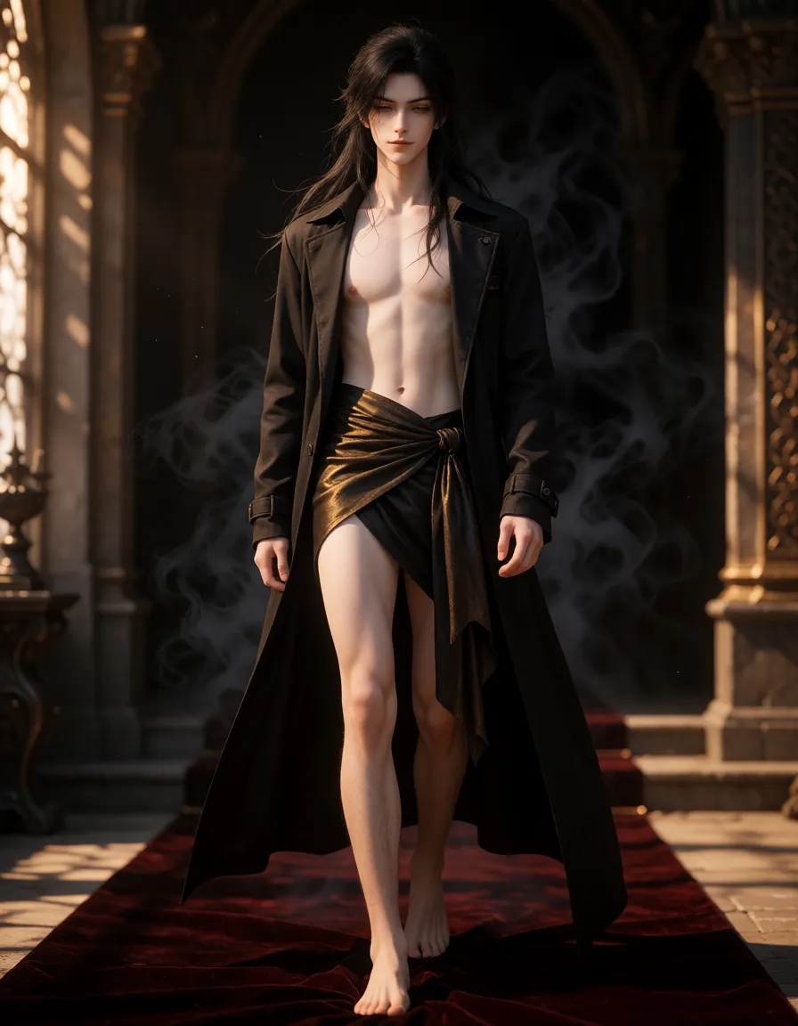 a photograph, A character design sheet of a handsome boy, extremely delicate and, pale skin, long black hair casually scattered over his shoulders. He has half-closed, lazy eyes and a faint, cruel smirk on his lips. Slender but toned body. He is wearing an open black trench coat with no shirt underneath, exposing his pale chest, and a dark gold silk sash wrapped loosely around his waist. Barefoot, stepping on dark red velvet carpet. Standing in a dark, gothic demonic palace with faint black mist swirling around. Dark fantasy xianxia style, cinematic lighting, high detail, 8k resolution, masterwork, ethereal yet extremely dangerous aura, deceptively angelic appearance., warm golden afternoon daylight, soft natural shadows, warm amber tones, gentle contrast, fine film grain, smooth clear skin, strikingly beautiful, radiant complexion, early twenties