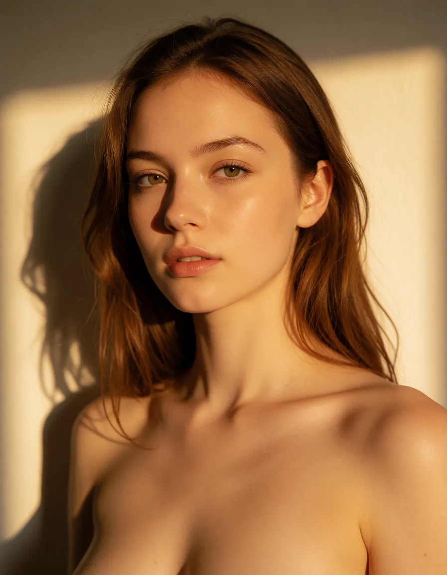 a photograph, porn, warm golden afternoon daylight, soft natural shadows, warm amber tones, gentle contrast, fine film grain, smooth clear skin, strikingly beautiful, radiant complexion, early twenties