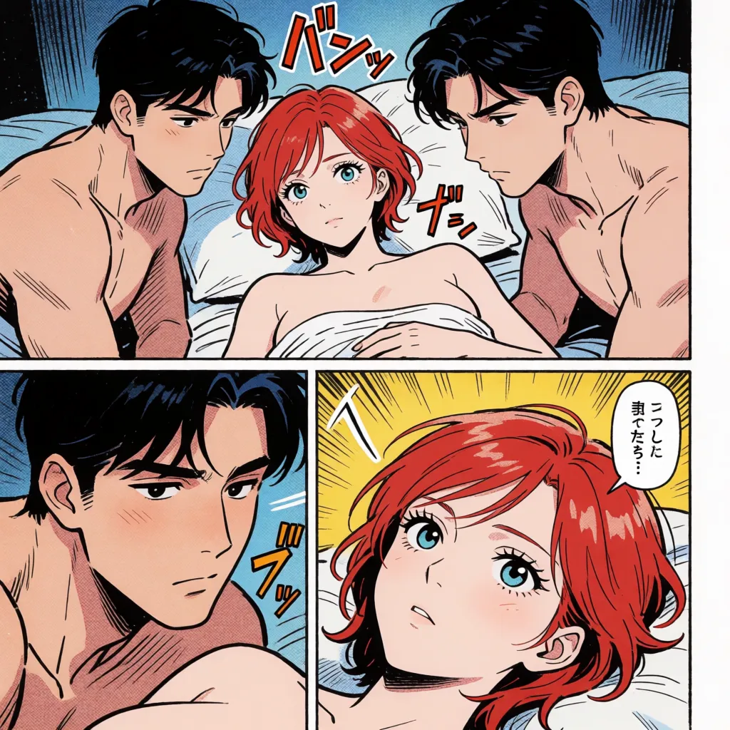 comic book art, 2 men and 1 woman, erotic and intense sex scene in a 3-panel layout, fucking, two guys, grabbing and pinning her down, missionary sex, mature woman, short red hair, large breasts, lying on back, spreading legs, moaning, simultaneous missionary and oral sex, in the bedroom, anime-style coloring, flat colors, delicate linework, motion effects, speed lines, sound effects, Japanese text., bold black ink outlines, halftone dot shading, cross hatched shadows, flat four colour print palette, hard high contrast comic inking, printed comic page, strikingly beautiful, radiant complexion, early twenties