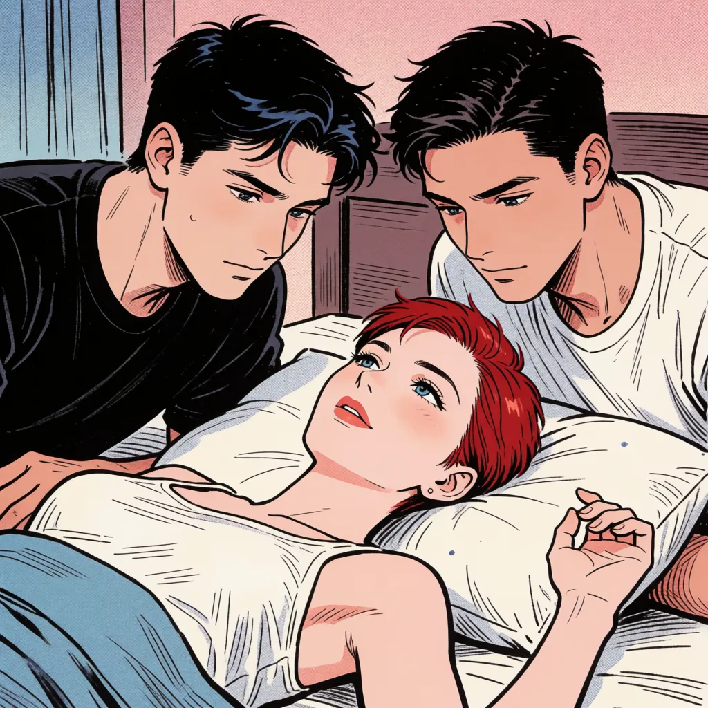 comic book art, Two men and one woman; men having sex with the woman; men are young men; mature woman; deep red, very short hair; large breasts; lying face-up on the bed; legs spread; simultaneous missionary and oral sex; moaning; in the bedroom; anime-style coloring; flat colors; fine lines; delicate linework; motion effects; speed effects; sound effects; Japanese text., bold black ink outlines, halftone dot shading, cross hatched shadows, flat four colour print palette, hard high contrast comic inking, printed comic page, strikingly beautiful, radiant complexion, early twenties