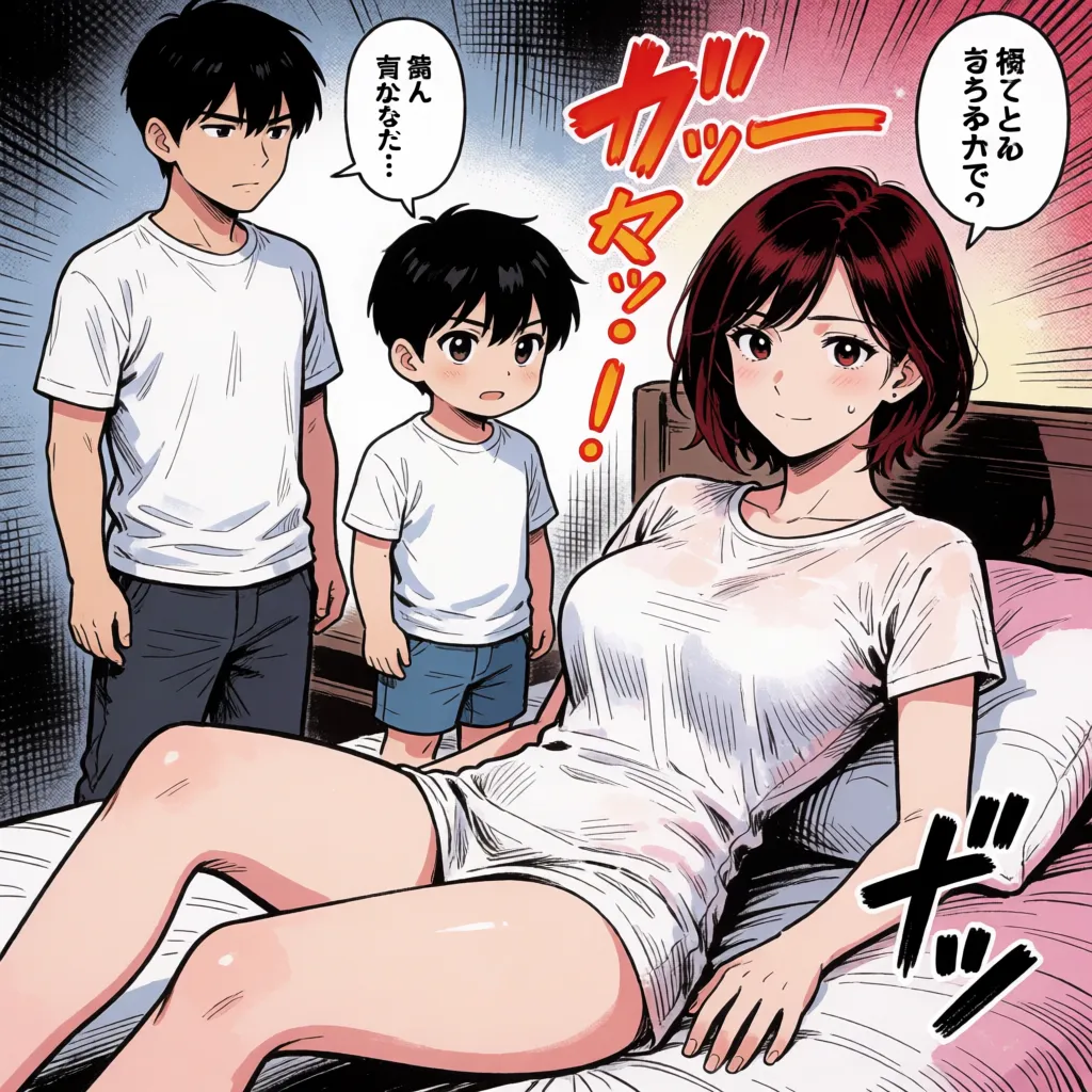 comic book art, Two men and one woman, two men fucking a woman, two boys, short stature, first boy, vaginal penetration, gripping her hips with both hands, thrusting, ejaculation, second boy, thrusting penis into her mouth, mature woman, tall, short dark red hair, large breasts, lying on back on bed, spreading legs, moaning, in the bedroom, anime-style coloring, flat colors, fine lines, delicate linework, motion effects, speed lines, sound effects, Japanese text., bold black ink outlines, halftone dot shading, cross hatched shadows, flat four colour print palette, hard high contrast comic inking, printed comic page, strikingly beautiful, radiant complexion, early twenties
