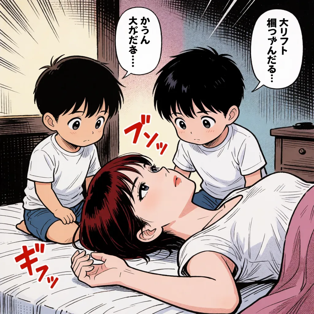 comic book art, Two boys, short stature; first boy: vaginal penetration, gripping her hips with both hands, thrusting, ejaculation; second boy: sitting beside her head, holding her head and guiding the penis at his waist into her mouth; mature woman, tall, very short dark red hair, large breasts, lying on her back on the bed, spreading legs, moaning, in the bedroom; anime-style coloring, flat colors, fine lines, delicate linework, motion effects, speed lines, sound effects, Japanese text., bold black ink outlines, halftone dot shading, cross hatched shadows, flat four colour print palette, hard high contrast comic inking, printed comic page, strikingly beautiful, radiant complexion, early twenties