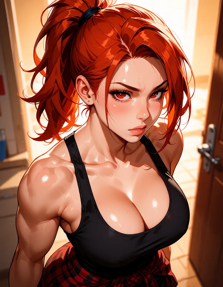 hentai anime art, muscular red hair woman, high ponytail, red eyes, black tank top, plaid shirt around waist, athletic build, intense expression, clean lineart, smooth cel shading, glossy highlights, saturated warm colour, drawn illustration, strikingly beautiful, radiant complexion, early twenties