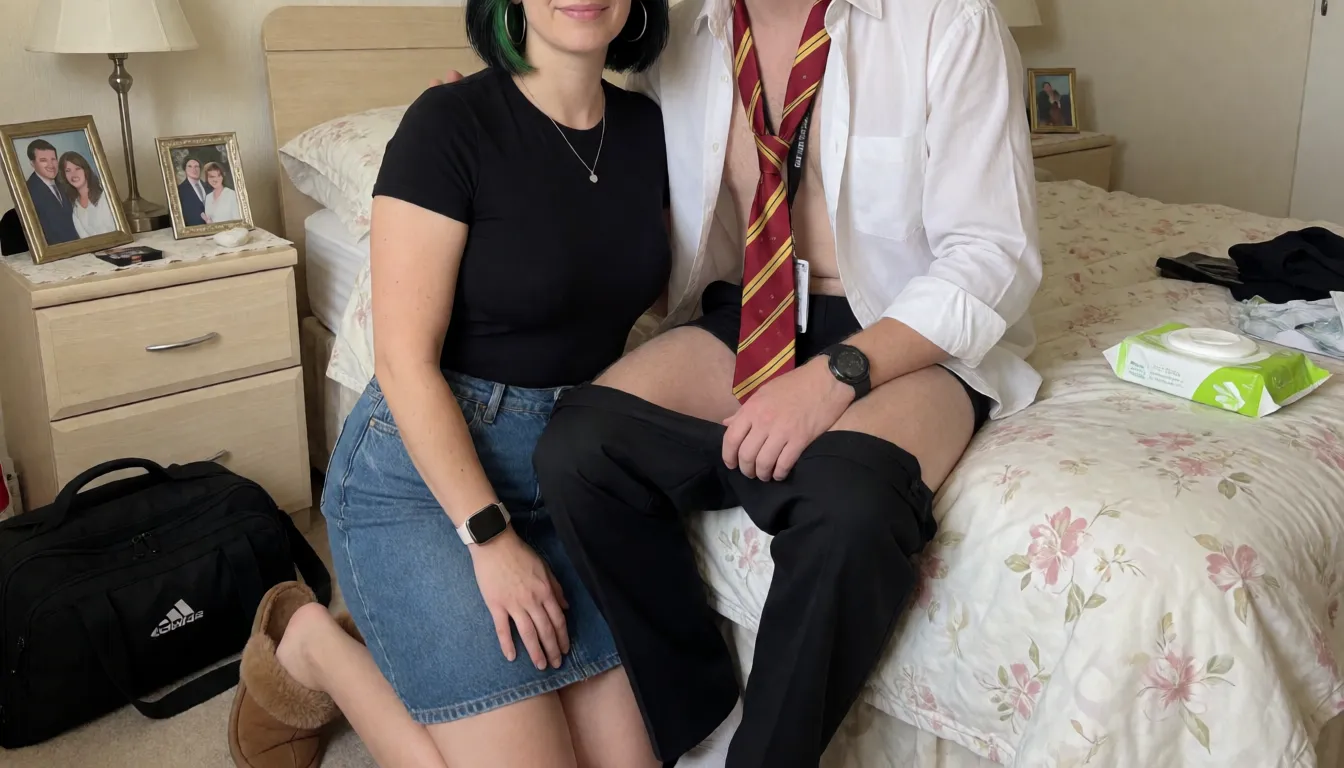 an amateur snapshot, In a dated married couples bedroom. With a couple of family photos in frames on the bedside table, a tall 46 year not slim with good size breasts, pale faced woman is on her knees on the floor. She has short black hair with green highlights, no make or lipstick on her face. Big hoop silver earrings, silver necklace, Apple Watch on her wrists and thick gold band wedding ring on her finger. Wearing tight black T-shirt that shows her cleavage, denim skirt, brown fluffy slippers, she is sucking the 9 inch long thick fat hard cock of a thin very short white man, You can't see above his shoulders. He is wearing a half opened white shirt, his black trousers are around his knees, no underwear, he is wearing a red and yellow tie and a black sports watch and lanyard.. he has one hand on her shoulder. On the floor is a black sports bag. On the bed are a packet of wet wipes, some loose condoms. There is a clearly written note on the wall that says ' you have such a nice big cock mm' Her eyes are closed, plenty of natural daylight, flat even light, casual unposed snapshot, natural everyday colour, mild noise, natural unretouched skin, strikingly beautiful, radiant complexion, early twenties