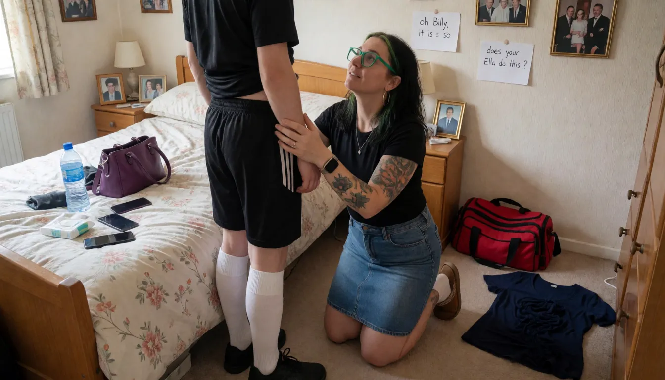 an amateur snapshot, In a dated bedroom with double bed, kneeling on the floor is a not slim, full breasted 46 year old white woman. She is not wearing any make up or lipstick. She is not that pretty. She has pale skin and a couple of tattoos on her arms. She has big hoop silver earrings, green framed spectacles and has dark hair with green highlights. She is topless. She is wearing a necklace and has big thick gold wedding band ring on finger and Apple Watch. She is wearing a denim skirt and brown slippers. She is sucking the 9 inch thick fat hard cock of a very short 18 year old thin man standing in front of her You can't see above his shoulders. He has a hand on her head. He is naked from the waist down. He is wearing a black football shirt that is pulled up, he is wearing long white socks and black trainers. His black football shorts are around his feet. There are a few family photos around the room in frames. On the bed is a water bottle, a purple handbag, 2 iPhones, some loose condoms, a packet of wet wipes. There is a clearly written note on the wall that says ' oh Billy, it is so big mm' on the floor is a red sports bag. She is looking up at him. There is another clearly written note on the wall that says ' does your Ella do this ?' On the floor is a navy blue woman's t shirt scrunched up., plenty of natural daylight, flat even light, casual unposed snapshot, natural everyday colour, mild noise, natural unretouched skin, strikingly beautiful, radiant complexion, early twenties