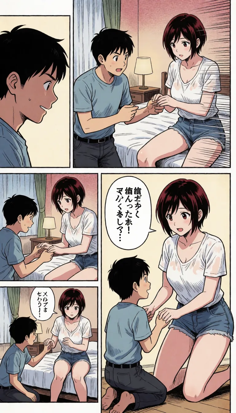 comic book art, Scene of him having prolonged sex with her; 4-panel layout. Panel 1: 1 man, grinning, vaginal penetration; he is gripping her hips with both hands and thrusting vigorously; his hips move rhythmically back and forth along the same trajectory, depicted with motion blur trails; 1 woman, peak of pleasure, screaming, being penetrated, sweaty skin, disheveled clothing, in a bedroom. Panel 2: He brings her to climax in doggy style. Panel 3: He brings her to climax in a rear-entry position. Panel 4: She is kneeling and performing fellatio; he is a short guy, she is a tall 40-year-old woman with very short dark red hair and large breasts; anime-style coloring, flat shading, fine/delicate linework; speech bubble for her scream; Japanese text., bold black ink outlines, halftone dot shading, cross hatched shadows, flat four colour print palette, hard high contrast comic inking, printed comic page, strikingly beautiful, radiant complexion, early twenties