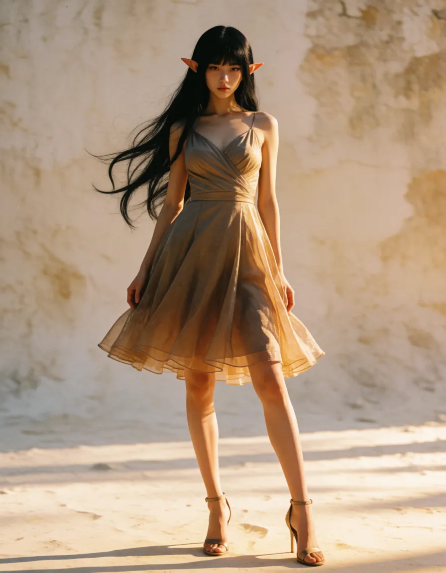 a photograph, slender elf with long legs, huge breasts sideboob , long black hair wairing a cocktail dress and high heel sandals, side_slit being fucked sex vaginal  by a spirit, moaning, cum, saliva, full_body, warm golden afternoon daylight, soft natural shadows, warm amber tones, gentle contrast, fine film grain, smooth clear skin, strikingly beautiful, radiant complexion, early twenties