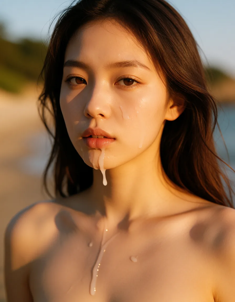 a photograph, bj타미미가 해변에서 남자친구와 섹스를 해서 그녀의 체모에 정액이 흐른다, warm golden afternoon daylight, soft natural shadows, warm amber tones, gentle contrast, fine film grain, smooth clear skin, strikingly beautiful, radiant complexion, early twenties