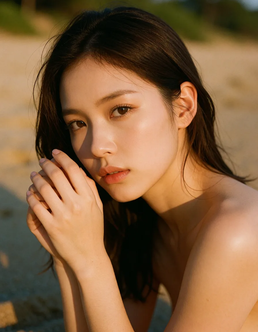 a photograph, bj타미미가 누드해변에서 주변상황에 이끌려 섹시하고 도발적인 자세를 취한다, warm golden afternoon daylight, soft natural shadows, warm amber tones, gentle contrast, fine film grain, smooth clear skin, strikingly beautiful, radiant complexion, early twenties