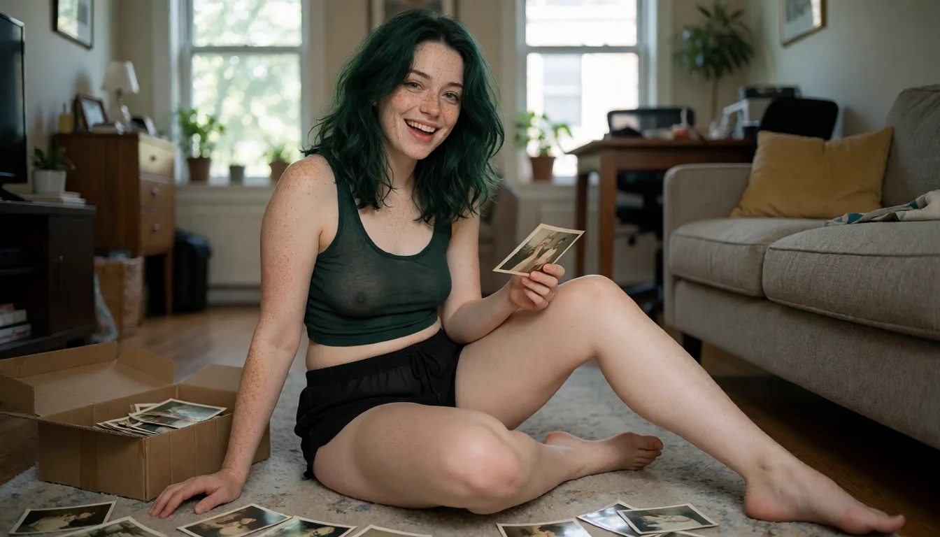 an amateur snapshot, Photorealistic candid amateur smartphone photograph of an adult woman in her late 20s with rich, naturally dark emerald-green hair, subtle forest-green undertones, medium breasts and slightly messy, thick shoulder-length waves. Her hair is unmistakably green but muted and realistic, neither black nor neon.
She has a naturally pretty, expressive face with abundant irregular freckles across her forehead, nose, cheeks, chin, neck, shoulders, chest, arms, hands, thighs, and legs. Her freckles vary naturally in size and density, especially noticeable across her arms and thighs. Realistic skin pores, natural asymmetry, unretouched complexion.
Naturally soft, feminine, slightly curvy build with a relaxed waist, subtle stomach softness, fuller thighs, and believable everyday proportions.
She wears a sheer comfortable dark forest-green cropped tank top and sheer loose black cotton shorts, barefoot.
She is sitting casually on a living room rug with both legs relaxed and extended loosely in front of her, feet resting naturally on the floor. An open cardboard box filled with old printed photographs sits beside her. Several photographs are scattered across the rug.
She has just discovered an unexpectedly funny old photograph and is laughing spontaneously, her head slightly tilted, eyes bright, mouth open in a genuine amused smile. One hand holds the photograph while the other rests casually on the floor for balance.
Cozy lived-in apartment, late-afternoon sunlight filtering through the windows, ordinary furniture, soft natural shadows, slightly imperfect handheld camera framing. Three-quarter body composition from a natural standing photographer's perspective.
Authentic candid moment, believable anatomy, realistic fabric folds, natural skin texture, everyday amateur photography, no glamour lighting, no artificial beauty filters., plenty of natural daylight, flat even light, casual unposed snapshot, natural everyday colour, mild noise, natural unretouched skin, strikingly beautiful, radiant complexion, early twenties