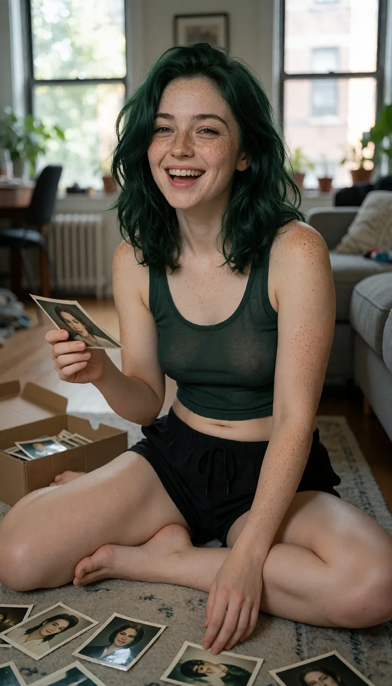 an amateur snapshot, Photorealistic candid amateur smartphone photograph of an adult woman in her late 20s with rich, naturally dark emerald-green hair, subtle forest-green undertones, medium-large breasts and slightly messy, thick shoulder-length waves. Her hair is unmistakably green but muted and realistic, neither black nor neon.
She has a naturally pretty, expressive face with abundant irregular freckles across her forehead, nose, cheeks, chin, neck, shoulders, chest, arms, hands, thighs, and legs. Her freckles vary naturally in size and density, especially noticeable across her arms and thighs. Realistic skin pores, natural asymmetry, unretouched complexion.
Naturally soft, feminine, slightly curvy build with a relaxed waist, subtle stomach softness, fuller thighs, and believable everyday proportions.
She wears a sheer comfortable dark forest-green cropped tank top and sheer loose black cotton shorts, barefoot.
She is sitting casually on a living room rug with both legs relaxed and extended loosely in front of her, feet resting naturally on the floor. An open cardboard box filled with old printed photographs sits beside her. Several photographs are scattered across the rug.
She has just discovered an unexpectedly funny old photograph and is laughing spontaneously, her head slightly tilted, eyes bright, mouth open in a genuine amused smile. One hand holds the photograph while the other rests casually on the floor for balance.
Cozy lived-in apartment, late-afternoon sunlight filtering through the windows, ordinary furniture, soft natural shadows, slightly imperfect handheld camera framing. Three-quarter body composition from a natural standing photographer's perspective.
Authentic candid moment, believable anatomy, realistic fabric folds, natural skin texture, everyday amateur photography, no glamour lighting, no artificial beauty filters., plenty of natural daylight, flat even light, casual unposed snapshot, natural everyday colour, mild noise, natural unretouched skin, strikingly beautiful, radiant complexion, early twenties