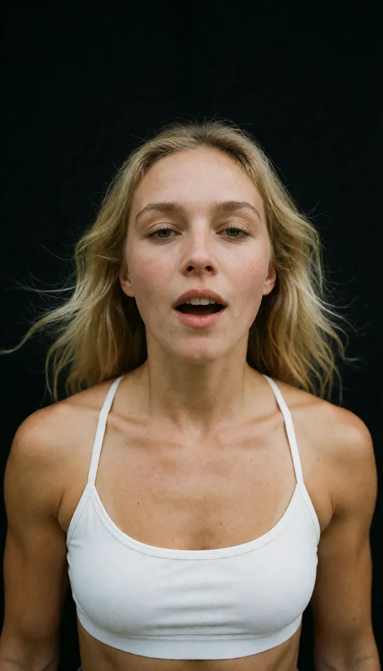 an amateur snapshot, cinematic photo, 8k, wide shot, fitness model, blowing, muscular, black background, RAW photo, plenty of natural daylight, flat even light, casual unposed snapshot, natural everyday colour, mild noise, natural unretouched skin, strikingly beautiful, radiant complexion, early twenties