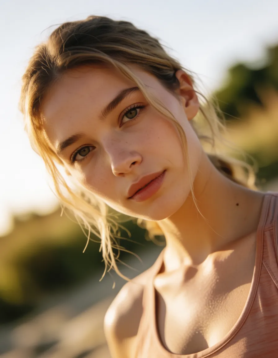 a photograph, highly detailed, natural lighting, dutch angle, fitness model, spread legs, navel, blurry background, dreamy atmosphere, hyperrealistic, warm golden afternoon daylight, soft natural shadows, warm amber tones, gentle contrast, fine film grain, smooth clear skin, strikingly beautiful, radiant complexion, early twenties