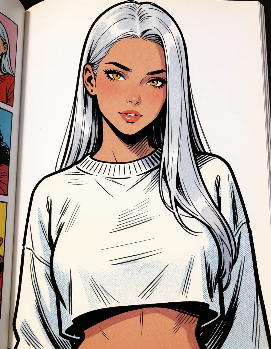 comic book art, A woman with long silver straight hair, Amber eyes, gigantic boobs, ahegao face, gigantic ass, thick thighs, and curvy body. In a oversized white sweater. Boobs covered by sweater. Sweater short enough to see tight perfect pussy., bold black ink outlines, halftone dot shading, cross hatched shadows, flat four colour print palette, hard high contrast comic inking, printed comic page, strikingly beautiful, radiant complexion, early twenties