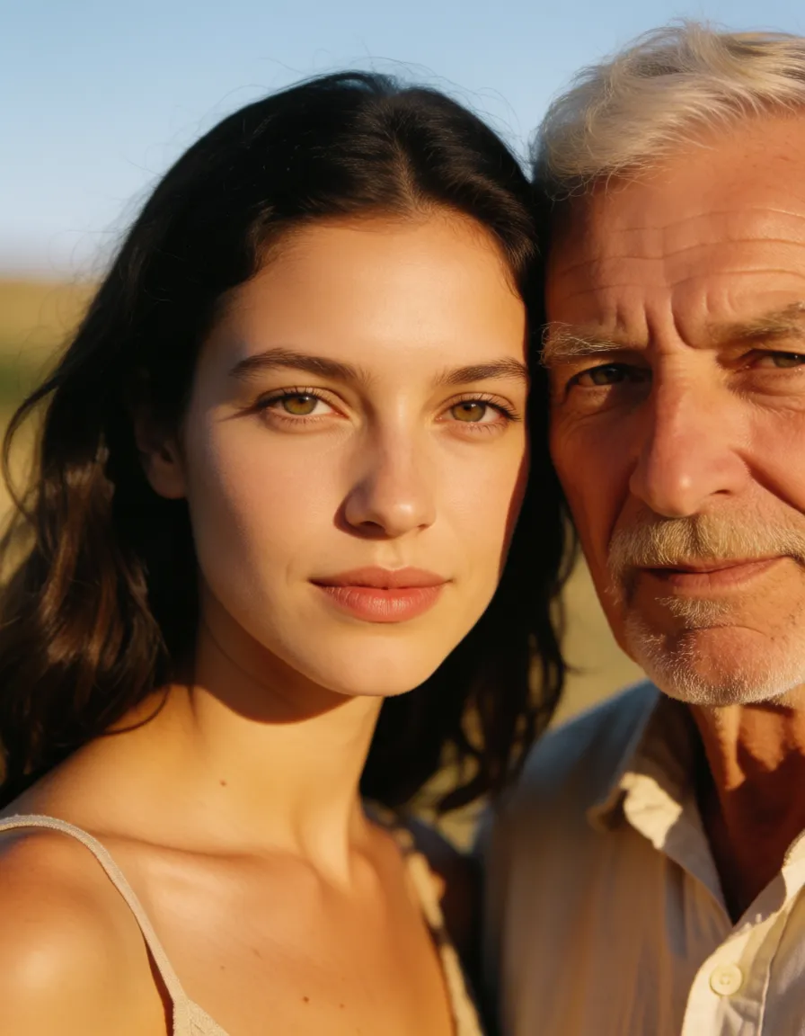a photograph, naked indian smile slender beauti 20s female huge titt hairy pussy and russian old man cunnilingus, warm golden afternoon daylight, soft natural shadows, warm amber tones, gentle contrast, fine film grain, smooth clear skin, strikingly beautiful, radiant complexion, early twenties