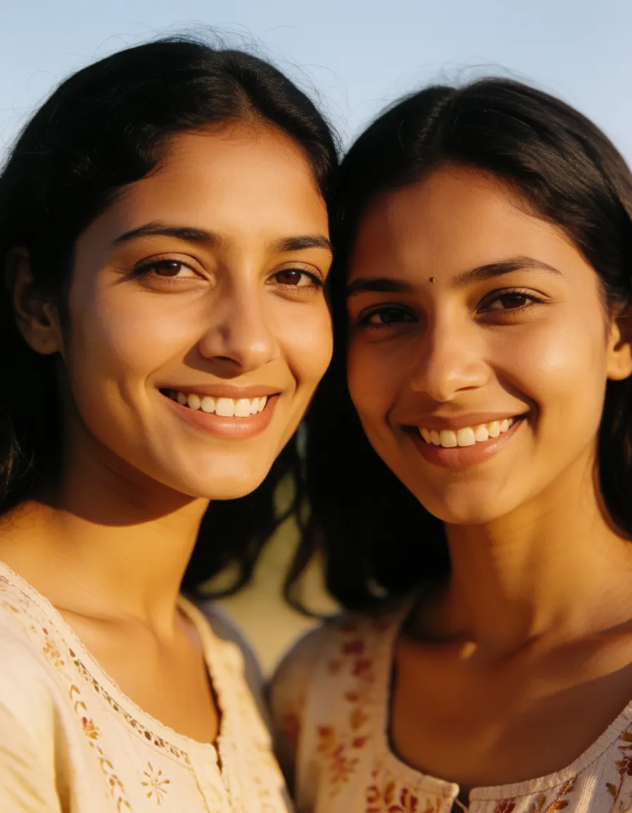 a photograph, Indian women in their 20s, slim and completely naked, with lovely smiles, warm golden afternoon daylight, soft natural shadows, warm amber tones, gentle contrast, fine film grain, smooth clear skin, strikingly beautiful, radiant complexion, early twenties