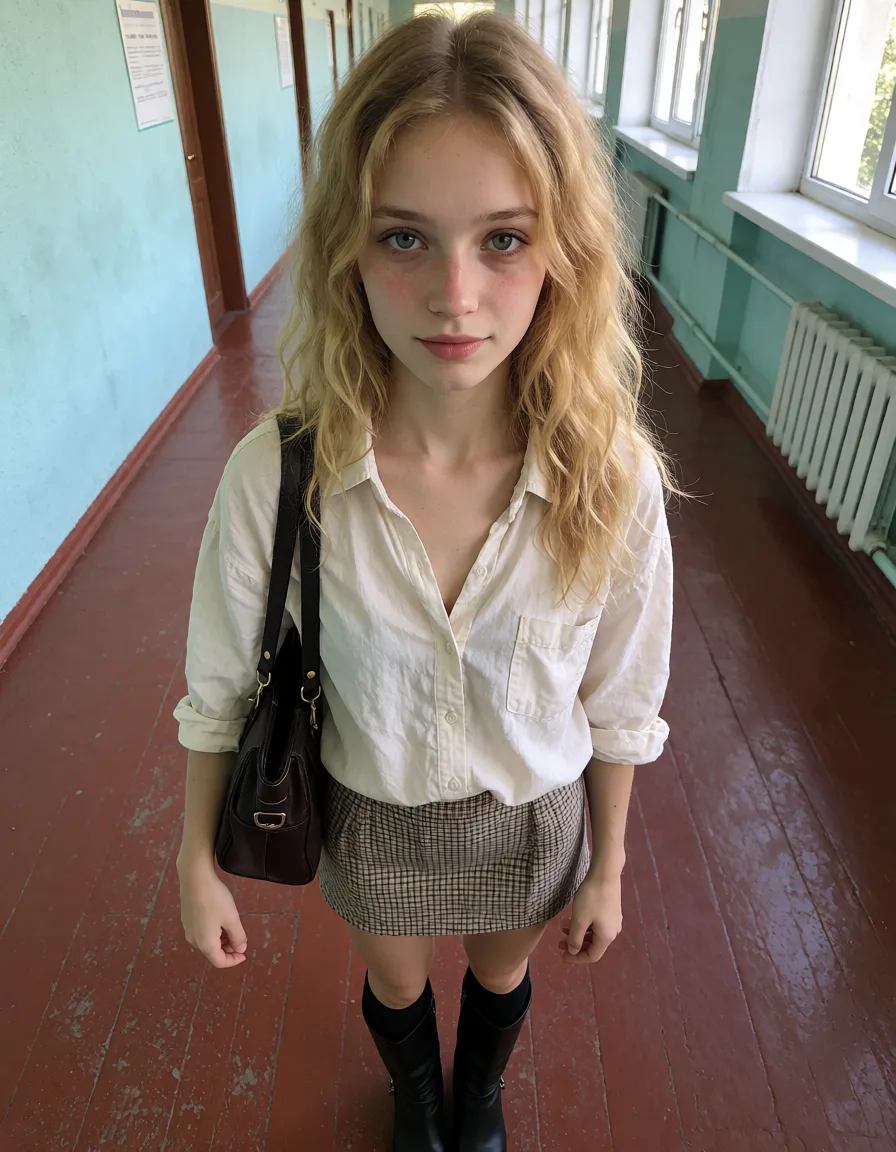 an amateur snapshot, Молодая русская девушка, милая, 20 лет, невысокий рост, очень стройное, миниатюрное телосложение, худые руки, тонкая шея, бледная кожа, овальное лицо с выраженным круглым подбородком, серо-голубые глаза, небольшие мешки под глазами, румяные щеки, натуральные волнистые (слегка кудрявые) волосы цвета теплый блонд, которые на солнце переливаются золотистым цветом. Одета, как студентка: черные сапоги на каблуке, чулки, клетчатая мини юбка, свободная рубашка, темно-коричневая кожаная сумка. Стоит в сексуальной позе в коридоре среднестатистического российского университета., plenty of natural daylight, flat even light, casual unposed snapshot, natural everyday colour, mild noise, natural unretouched skin, strikingly beautiful, radiant complexion, early twenties