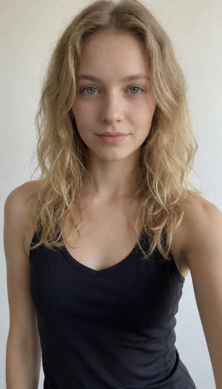 an amateur snapshot, Молодая русская девушка, милая, 20 лет, невысокий рост, очень стройное, миниатюрное телосложение, худые руки, тонкая шея, бледная кожа, овальное лицо с выраженным круглым подбородком, серо-голубые глаза, небольшие мешки под глазами, румяные щеки, натуральные волнистые (слегка кудрявые) волосы цвета теплый блонд, которые на солнце переливаются золотистым цветом. Одета в споривную одежду: Обтягивающие леггинсы, открытый споривный топ с декольте, спортивные кроссовки. Стоит в сексуальной позе в раздевалке спортзала, позирует на камеру, стоит к камере спиной, показывает задницу, одна рука на поясе, спина выгнута, лицо повернуто в камеру через плечо. Видно округлые ягодицы. На лице игривая улыбка., plenty of natural daylight, flat even light, casual unposed snapshot, natural everyday colour, mild noise, natural unretouched skin, strikingly beautiful, radiant complexion, early twenties