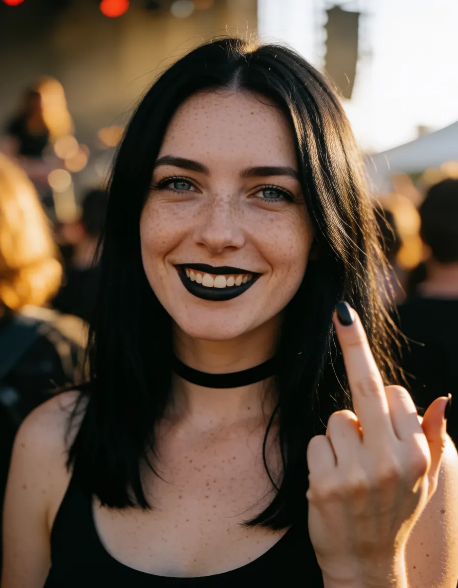 a photograph, A goth woman. She is wearing a choker. Straight black hair. Freckles on her face. Blue eyes. Black lipstick. Pale skin. A single nose ring. Black nail polish on her fingernails and toenails. She is standing without outerwear, wearing only a thong. Smiling at the camera. Size 5 bust. Bare breasts. Sticking out her tongue. Full-figured build, hourglass waist. She is standing in the middle of the club where a rock concert is taking place. Giving the finger with the right hand., warm golden afternoon daylight, soft natural shadows, warm amber tones, gentle contrast, fine film grain, smooth clear skin, strikingly beautiful, radiant complexion, early twenties