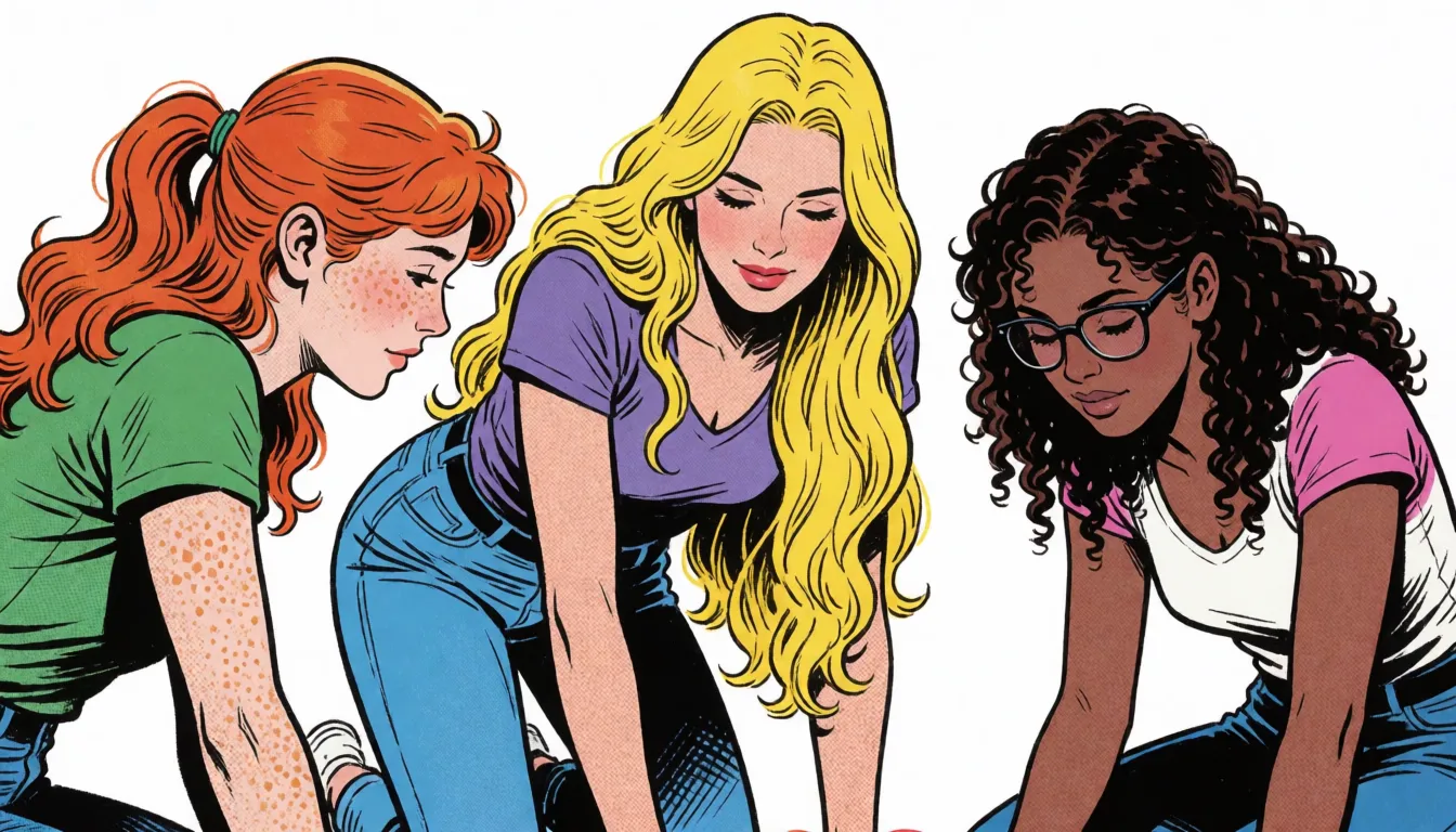 comic book art, lily is a 19 years old woman, with wavy red hair and ponytail, with small tits, fair skin and freckles, outie open wet shaved pussy. elle, woman 35 years old with very long wavy blonde hair and medium tits, shaved opened pussy. sophie is 19 years old brunette woman, curly hair in knob, thin, small tits, glasses. they are playing naked twister, open legs, bottoms up high, bold black ink outlines, halftone dot shading, cross hatched shadows, flat four colour print palette, hard high contrast comic inking, printed comic page, strikingly beautiful, radiant complexion, early twenties