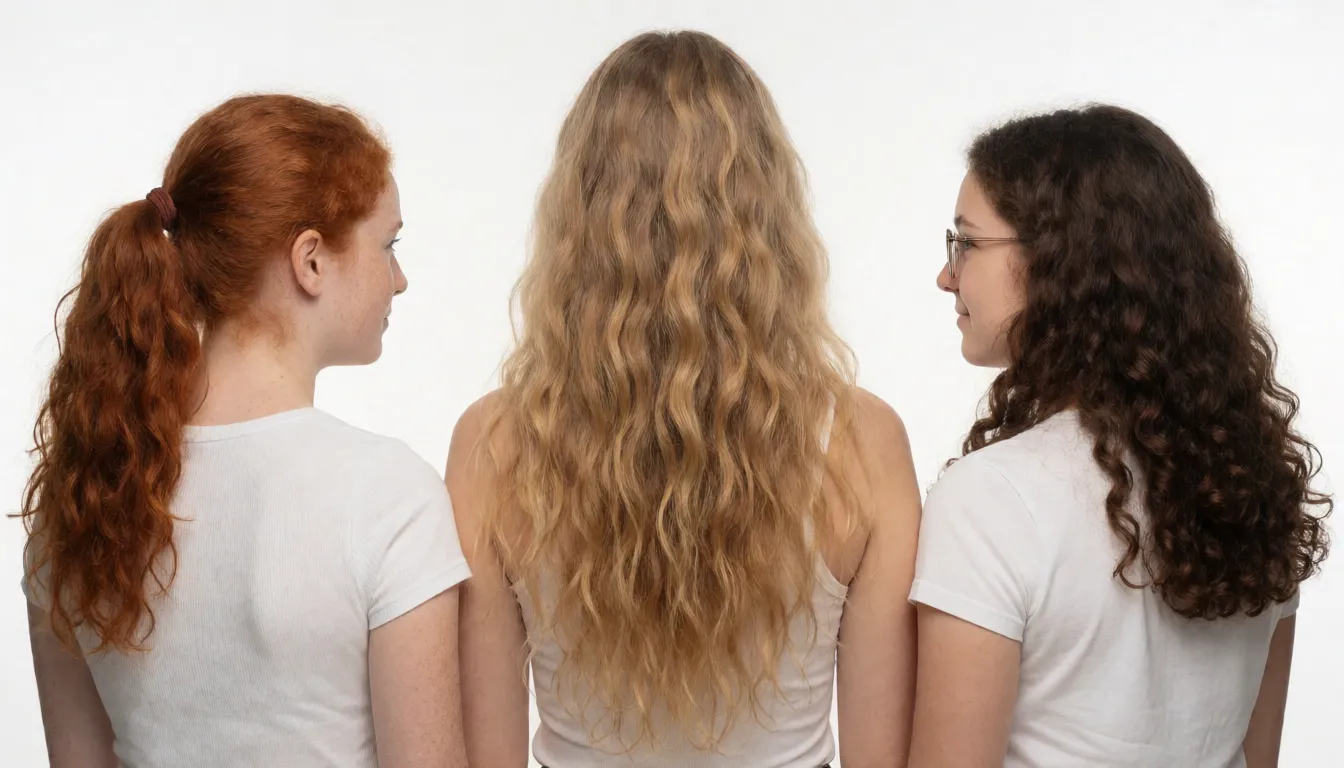 a studio photograph, lily is a 19 years old woman, with wavy red hair and ponytail, with small tits, fair skin and freckles, outie open wet shaved pussy. elle, woman 35 years old with very long wavy blonde hair and medium tits, shaved opened pussy. sophie is 19 years old brunette caucasian woman, curly hair in knob, thin, small tits, glasses. they are naked in doggy position, bottoms up. view from behind, even shadowless studio light, plain white background, clean rich colour, flawless polished skin, strikingly beautiful, radiant complexion, early twenties