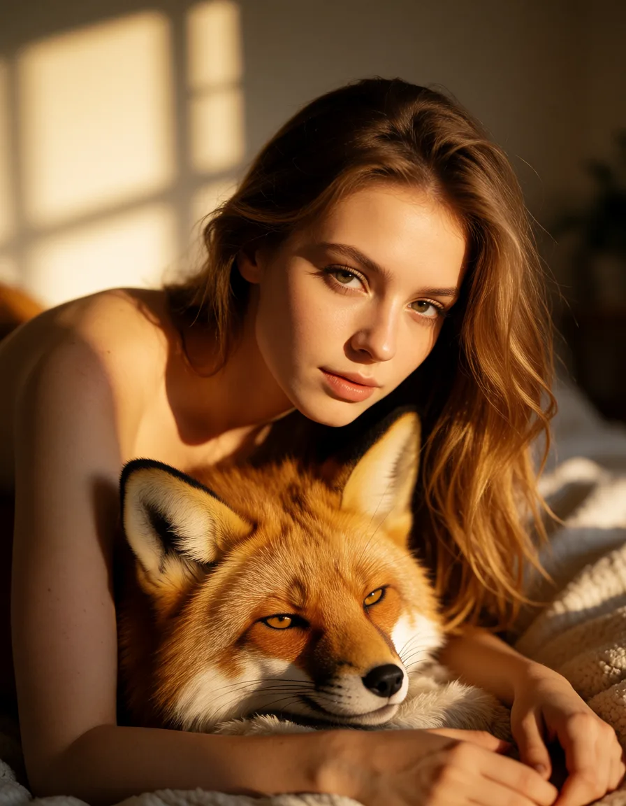 a photograph, Furry fox woman,woman_on_top, transformation into furry, warm golden afternoon daylight, soft natural shadows, warm amber tones, gentle contrast, fine film grain, smooth clear skin, strikingly beautiful, radiant complexion, early twenties