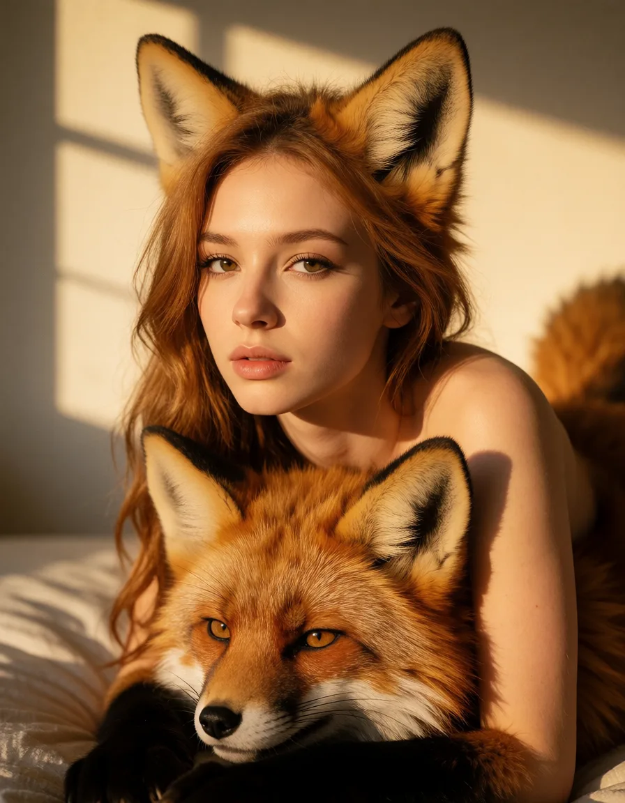a photograph, Furry fox woman,woman_on_top, transformation into furry, high quality, detalized, warm golden afternoon daylight, soft natural shadows, warm amber tones, gentle contrast, fine film grain, smooth clear skin, strikingly beautiful, radiant complexion, early twenties