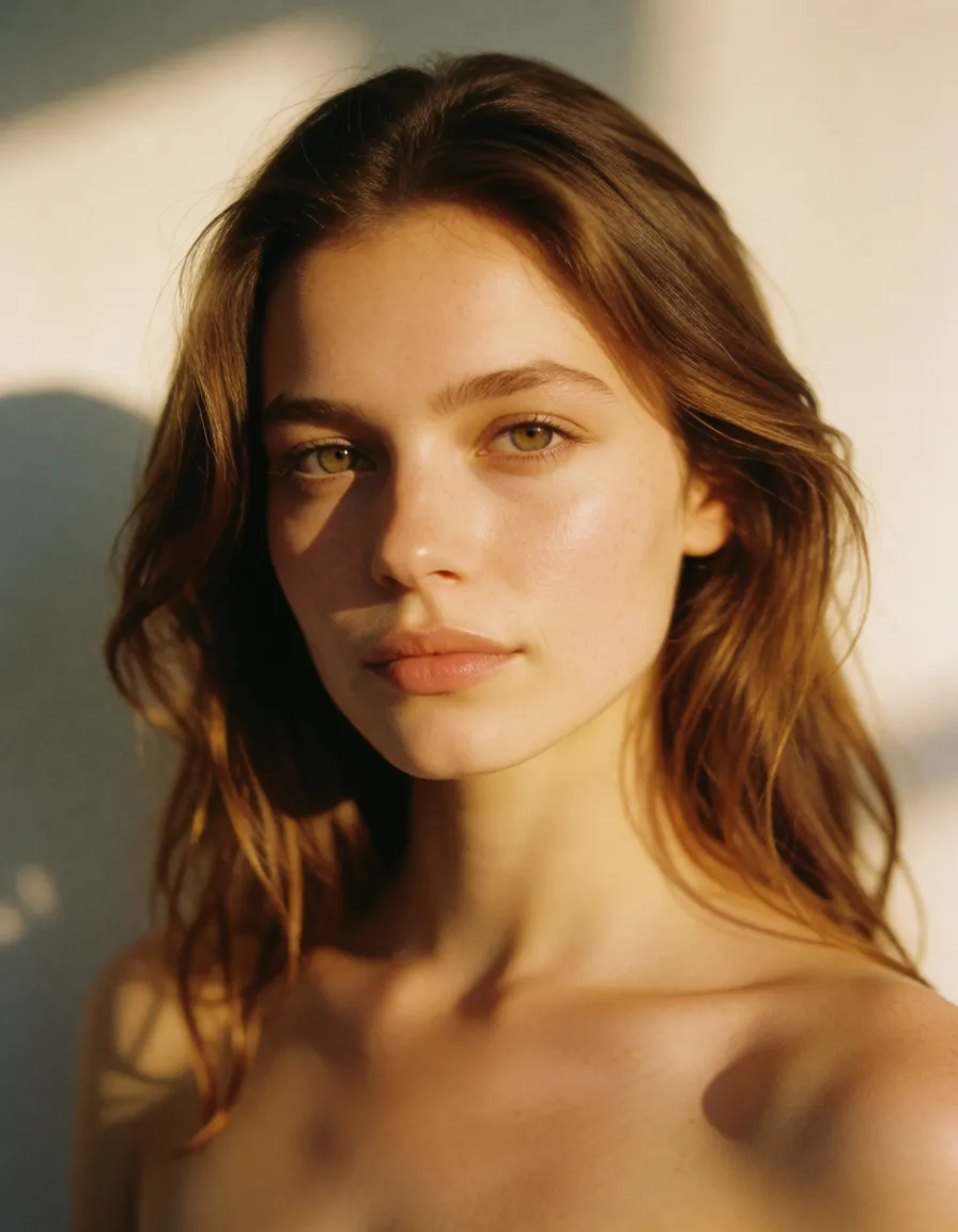 a photograph, massive tits tiny waist, warm golden afternoon daylight, soft natural shadows, warm amber tones, gentle contrast, fine film grain, smooth clear skin, strikingly beautiful, radiant complexion, early twenties