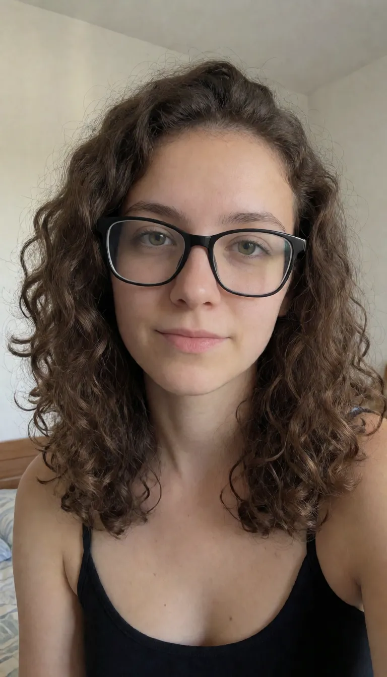 an amateur snapshot, Italian, feminine, 18-years-old, brown_hair, curly_hair, closed_eyes, tan_skin, tanlines, tall, skinny, small_breasts, small_nipples, shemale, large_testicles, wrinkly_scrotum, unkempt_pubic_hair, feet, big_feet, long_toes, soles, blue_nails, nude, black_glasses, rectangular_glasses, anus, shemale_masturbation, jerking_off, masturbation, sticking_finger_in_own_ass, lying, legs_up, clenched_teeth, sweaty, drooling, bedroom, plenty of natural daylight, flat even light, casual unposed snapshot, natural everyday colour, mild noise, natural unretouched skin, strikingly beautiful, radiant complexion, early twenties