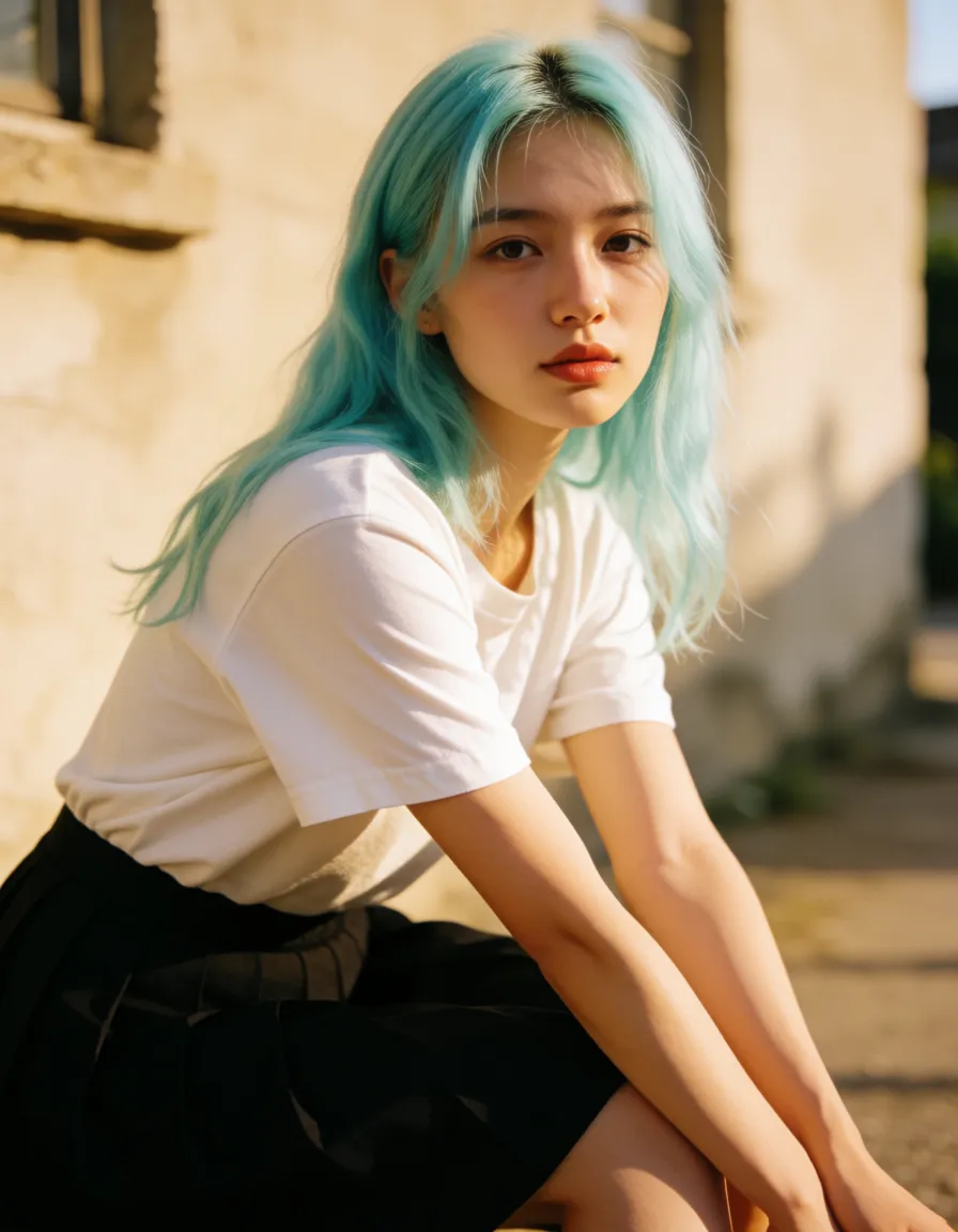 a photograph, highly detailed, natural lighting, 1other, aqua hair, black skirt, creampie, RAW photo, warm golden afternoon daylight, soft natural shadows, warm amber tones, gentle contrast, fine film grain, smooth clear skin, strikingly beautiful, radiant complexion, early twenties