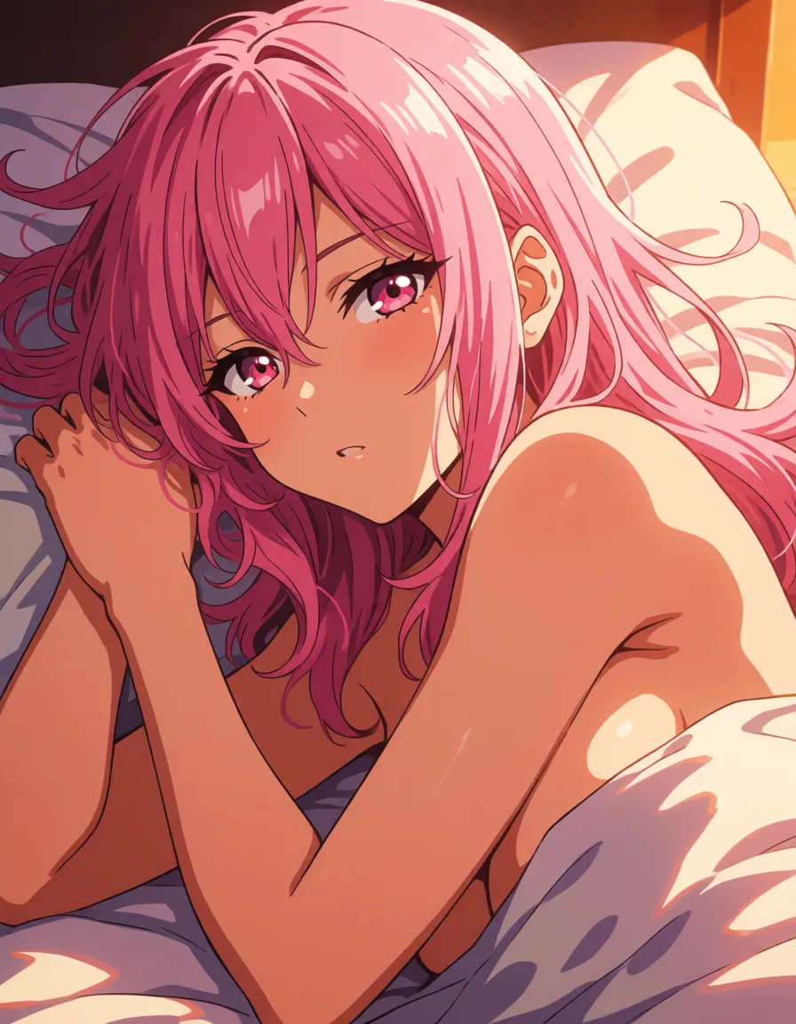 hentai anime art,woman with pink_hair pink_eyes is in bed. messy_hair narrow_waist hanging_breasts, clean lineart, smooth cel shading, glossy highlights, saturated warm colour, drawn illustration, strikingly beautiful, radiant complexion, early twenties