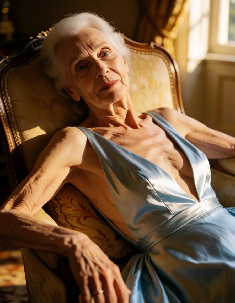 a photograph, skinny wrinkled old woman reclining on posh chair, pale, no makeup, (armpits), ((wearing a low cut silver blue gown),  (((partial nip slip))), (freckles),, warm golden afternoon daylight, soft natural shadows, warm amber tones, gentle contrast, fine film grain, smooth clear skin, strikingly beautiful, radiant complexion, early twenties