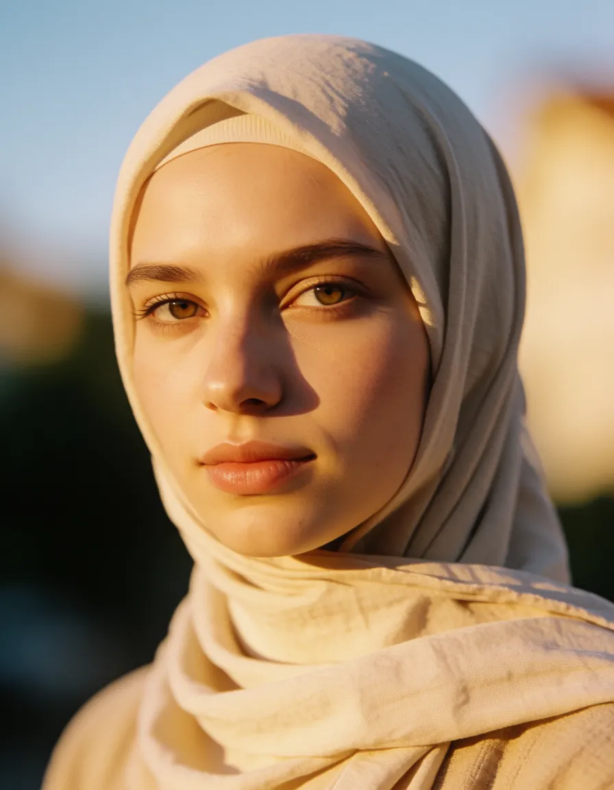 a photograph, amateur hijab woman pale_skin sucking blowjob penis, warm golden afternoon daylight, soft natural shadows, warm amber tones, gentle contrast, fine film grain, smooth clear skin, strikingly beautiful, radiant complexion, early twenties