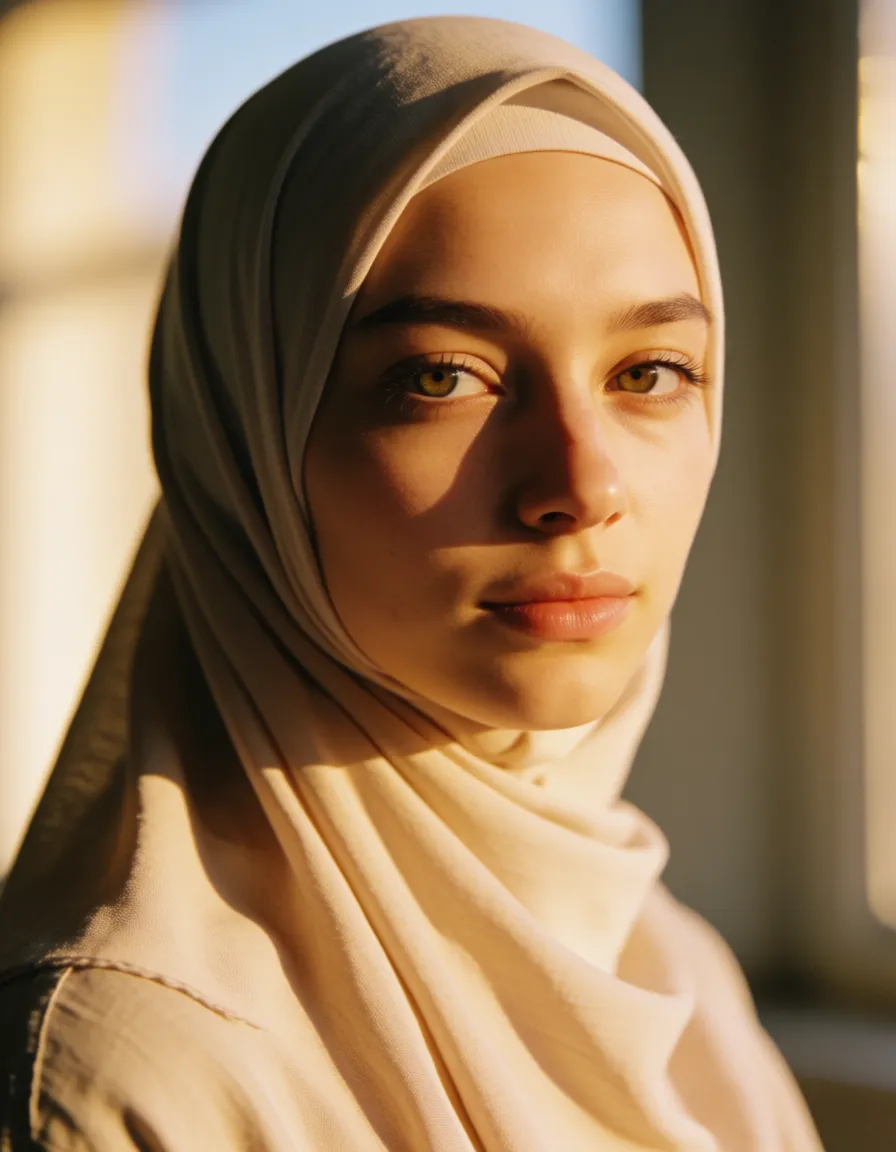 a photograph, amateur hijab woman pale_skin completely naked showing her pussy, warm golden afternoon daylight, soft natural shadows, warm amber tones, gentle contrast, fine film grain, smooth clear skin, strikingly beautiful, radiant complexion, early twenties