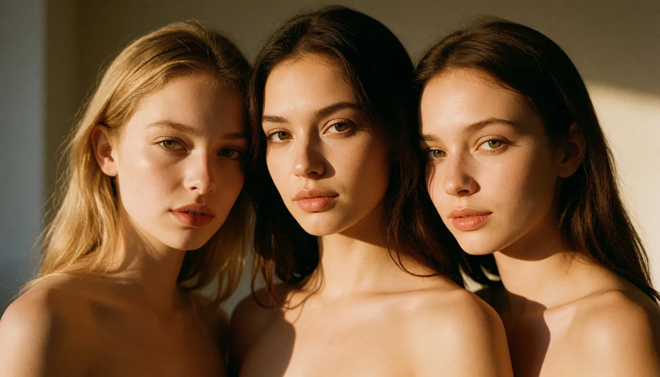 a photograph, 33 yo lesbians,
straplezz, warm golden afternoon daylight, soft natural shadows, warm amber tones, gentle contrast, fine film grain, smooth clear skin, strikingly beautiful, radiant complexion, early twenties