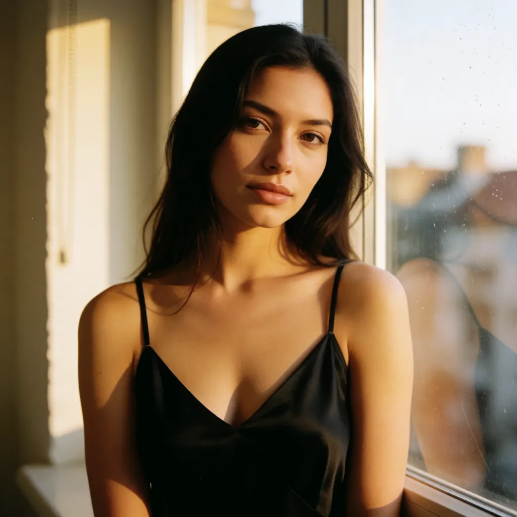a photograph, a woman with long dark hair in a black silk slip, soft window light, shot on film, warm golden afternoon daylight, soft natural shadows, warm amber tones, gentle contrast, fine film grain, smooth clear skin, strikingly beautiful, radiant complexion, early twenties