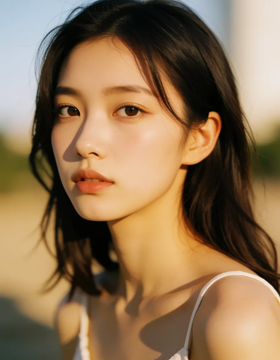 a photograph, she has biiiiiiiiiiiiiiiiiest chest, warm golden afternoon daylight, soft natural shadows, warm amber tones, gentle contrast, fine film grain, smooth clear skin, strikingly beautiful, radiant complexion, early twenties