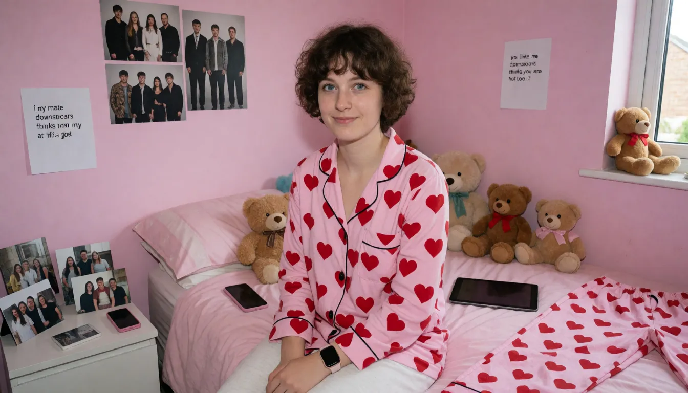 an amateur snapshot, A very thin, very short 18 year old woman. With short brown curly hair platted in ponytail. Wearing pink pyjama top with love hearts on in red, she is naked from the waist down,white socks, pink Apple Watch, gold stud earrings, bright blue eyes, pale skin, freckles on face, spots on skin, braces on teeth, no make up on face , no make up or lipstick, is bent forward onto her knees and resting on one hand with her back to camera, feminine bedroom, you can see pink shaven wet pussy and her big full round plump ass. Her left hand is spreading her ass. A couple of picture of music groups on the wall, photos of friends in groups on bedside table, iPad on bed, several teddy bears and cuddly toys on pink bed. Pink mobile phone on bedside table. She is looking at the camera, her eyes are closed and her mouth is closed and she is not smiling. There is a piece of paper on the wall with a clearly written note on , it says ' i am naughty ' on the bed are a pair of scrunched up pair of pink pyjama bottoms with love hearts in red on. On the wall there is another piece of paper that has a clearly written note on that says ' you like my big cock ? ' there is another piece of paper on the wall with clearly written ' u like fucking em at this age mm' kneeling on the bed behind her, you can't see above his shoulders, is a 47 year old painter decorator overweight with tattoos on his arms. He is wearing dirty white shirt with paint on, his jeans with paint on are pulled down to his knees and he is wearing black trainers with paint on. He has one hand on pulling her ponytail and he is fucking her with his big hard 9 inch long hard fat cock. He is not wearing underwear. He is wearing a black cheap sports watch and has a thick gold band wedding ring on his finger. There is another piece of paper on the wall with clearly written on it ' fuck me slowly , d u want my ass ?.' There is another clearly written note on the wall on a piece of paper that says ' my mate downstairs thinks you are soo hot too ', plenty of natural daylight, flat even light, casual unposed snapshot, natural everyday colour, mild noise, natural unretouched skin, strikingly beautiful, radiant complexion, early twenties