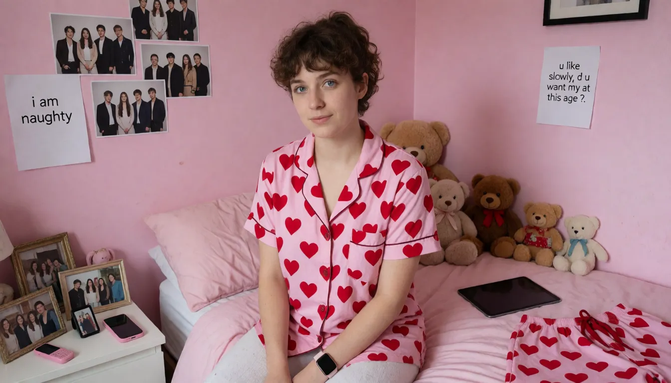 an amateur snapshot, A very thin, very short 18 year old woman. With short brown curly hair platted in ponytail. Wearing pink pyjama top with love hearts on in red, she is naked from the waist down,white socks, pink Apple Watch, gold stud earrings, bright blue eyes, pale skin, freckles on face, spots on skin, braces on teeth, no make up on face , no make up or lipstick, is bent forward onto her knees and resting on one hand with her back to camera, feminine bedroom, you can see pink shaven wet pussy and her big full round plump ass. Her left hand is spreading her ass. A couple of picture of music groups on the wall, photos of friends in groups on bedside table, iPad on bed, several teddy bears and cuddly toys on pink bed. Pink mobile phone on bedside table. She is looking at the camera, her eyes are closed and her mouth is closed and she is not smiling. There is a piece of paper on the wall with a clearly written note on , it says ' i am naughty ' on the bed are a pair of scrunched up pair of pink pyjama bottoms with love hearts in red on. On the wall there is another piece of paper that has a clearly written note on that says ' you like my big cock ? ' there is another piece of paper on the wall with clearly written ' u like fucking em at this age mm' kneeling on the bed behind her, you can't see above his shoulders, is a 47 year old painter decorator overweight with tattoos on his arms. He is wearing dirty white shirt with paint on, his jeans with paint on are pulled down to his knees and he is wearing black trainers with paint on. He has one hand on pulling her ponytail and he is fucking her with his big hard 9 inch long hard fat cock. He is not wearing underwear. He is wearing a black cheap sports watch and has a thick gold band wedding ring on his finger. There is another piece of paper on the wall with clearly written on it ' fuck me slowly , d u want my ass ?.' There is another clearly written note on the wall on a piece of paper that says ' do you like it ?, plenty of natural daylight, flat even light, casual unposed snapshot, natural everyday colour, mild noise, natural unretouched skin, strikingly beautiful, radiant complexion, early twenties