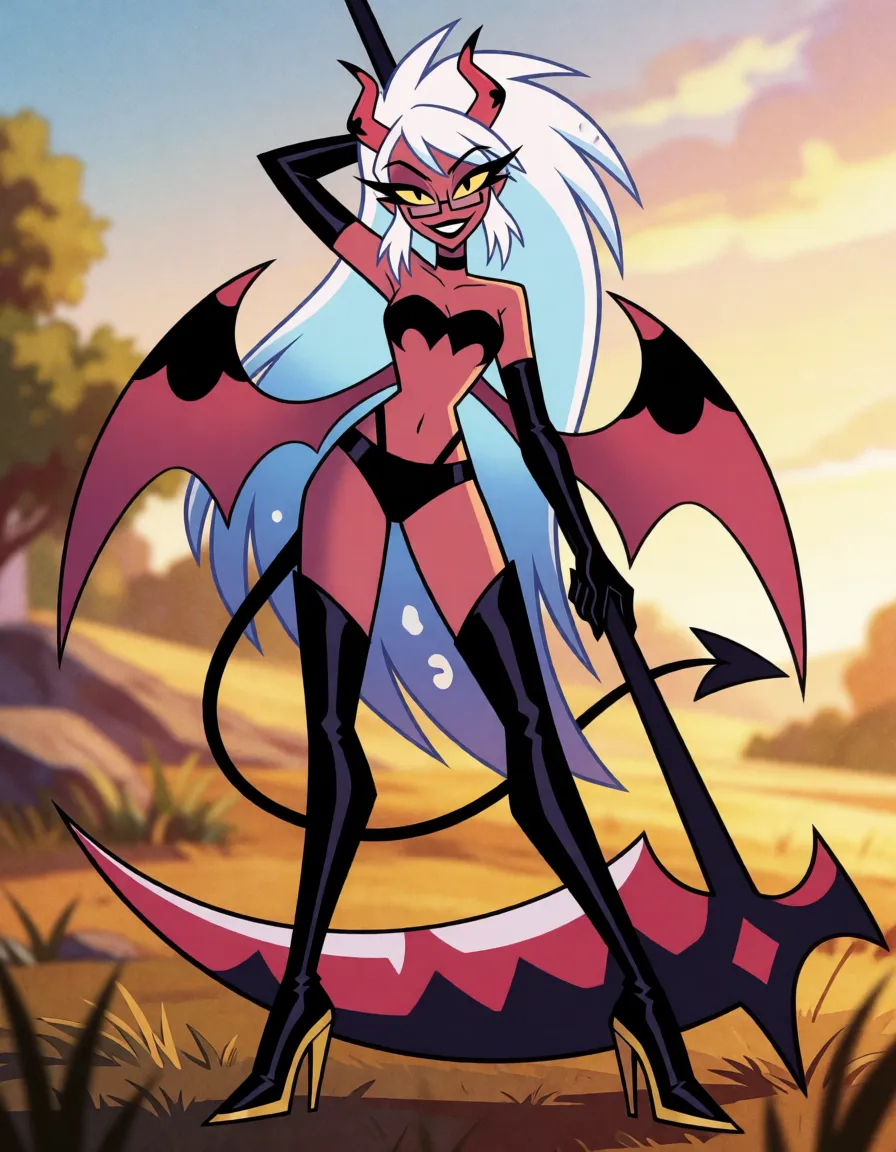 a photograph, 1woman, solo, demon woman, tall slender figure, frontal view, facing camera directly, body facing forward, face fully visible, tongue, tongue_out, long tongue, strong dramatic lower back arch, deep lower back curve, hips pushed forward, chest pushed out, shot her head back, chin up, looking down at viewer, confident sharp-toothed smirk, mouth slightly open, visible very sharp teeth, bright red skin, smooth red skin, long flowing white hair, white hair with blue gradient tips, hair reaching waist, long spiky hair, swept back hair, messy bangs, small black horns, curved horns pointing back, tall pointed ears, long pointed ears, yellow eyes, red sclera, sharp pupils, dark eyeliner, small rectangular glasses, black bat wings, large bat wings, folded wings, long thin demon tail, tail with heart-shaped tip, black bandeau top, black bikini top, black bikini bottom, thin black straps, straps connecting top and bottom, bare midriff, exposed stomach, toned stomach, long black gloves, elbow-length gloves, glossy black latex thigh-high stocking on right leg, single stocking, left leg bare, asymmetric legwear, black thigh-high boots, sharp stiletto heels, gold trim on boots, gold spikes on hips, gold accents, left hand on pussy on panties, right hand behind head, right arm raised, left arm bent, leaning back, leaning against scythe, large scythe weapon, scythe planted in ground, long dark handle, large curved blade, black and red blade, jagged blade edges, massive blade, bold black outlines, flat cel shading, sharp angular shapes, western animation style, vibrant saturated colors, high contrast, 2d illustration, full body shot, dynamic pose, warm golden afternoon daylight, soft natural shadows, warm amber tones, gentle contrast, fine film grain, smooth clear skin, strikingly beautiful, radiant complexion, early twenties