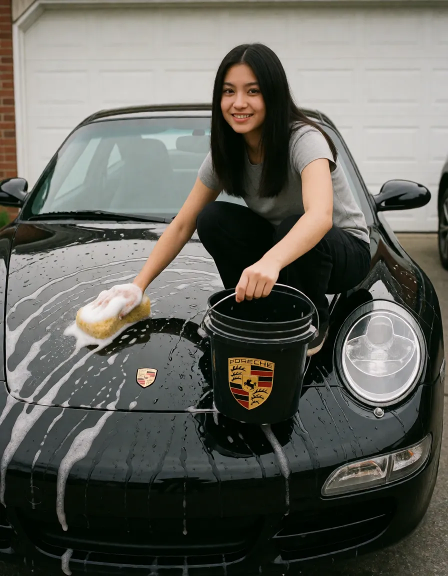 an amateur snapshot, Short Naked brown persian slave woman is washing a black Porsche 911 car in the driveway, with sponge and bucket working hard, squatting on car hood, skinny, nipple rings, leather collar with Porsche logo, leather cuffs on feet and arms, straight black hair middle parted, body covered in Porsche tattoos like only one Porsche logo and Porsche 911, Porsche wheel tattoo, Porsche writings tattoo, Porsche horse tattoo, regular car flames tattoos, 911 tattoo, beautiful symbols tattoo, one hand on pussy masturbating, shaved, Porsche logo above pussy, Porsche logo finger nails 💅🏼, plenty of natural daylight, flat even light, casual unposed snapshot, natural everyday colour, mild noise, natural unretouched skin, strikingly beautiful, radiant complexion, early twenties